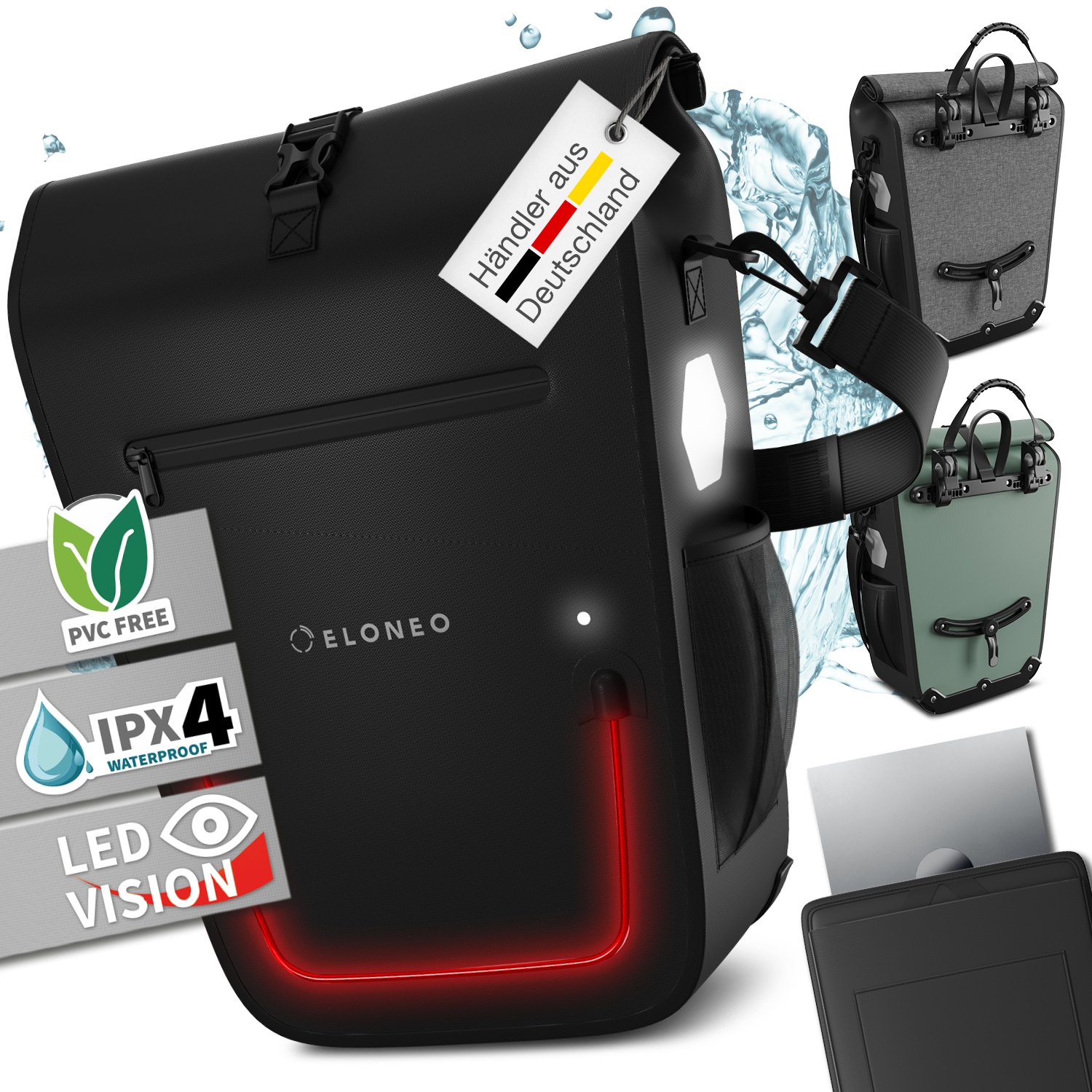 ELONEO Fahrradtasche f&uuml;r Laptop, wasserdicht mit LED, 25L, Schwarz 