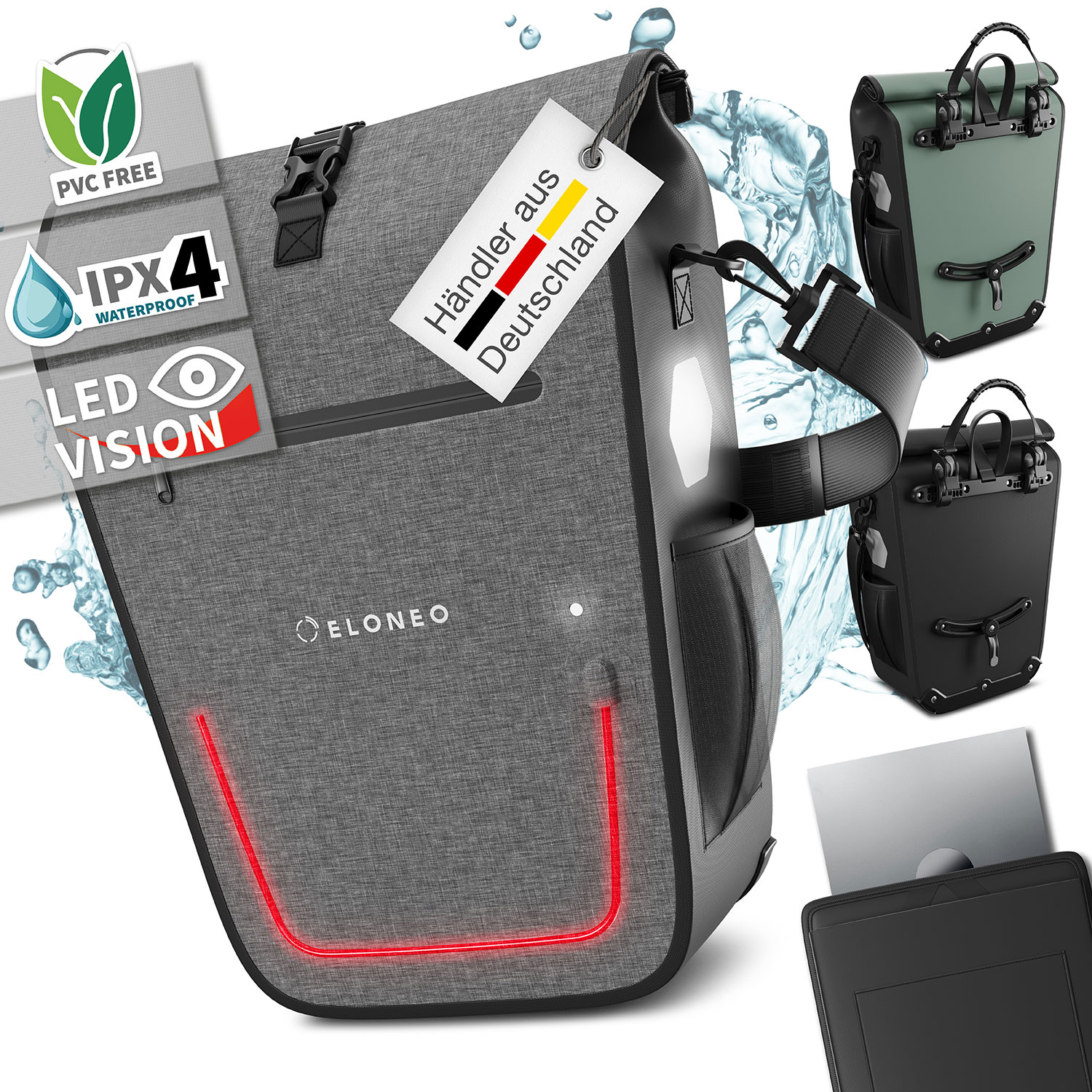 ELONEO Fahrradtasche f&uuml;r Laptop, wasserdicht mit LED, 25L, Grau 
