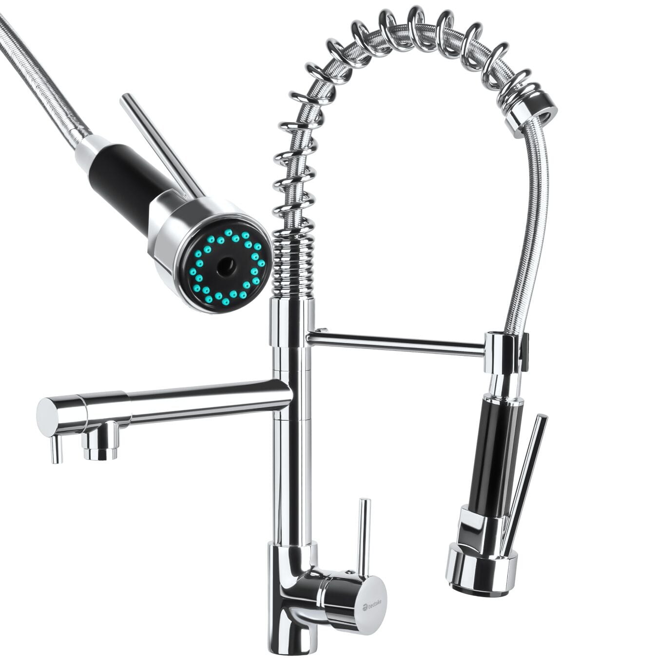 tectake&reg; K&uuml;chenarmatur, Hochdruck, 360&deg; drehbar, Wasserhahn, Spiralfeder mit ausziehbarer Brause, inklusive 2 Anschlussschl&auml;uche 