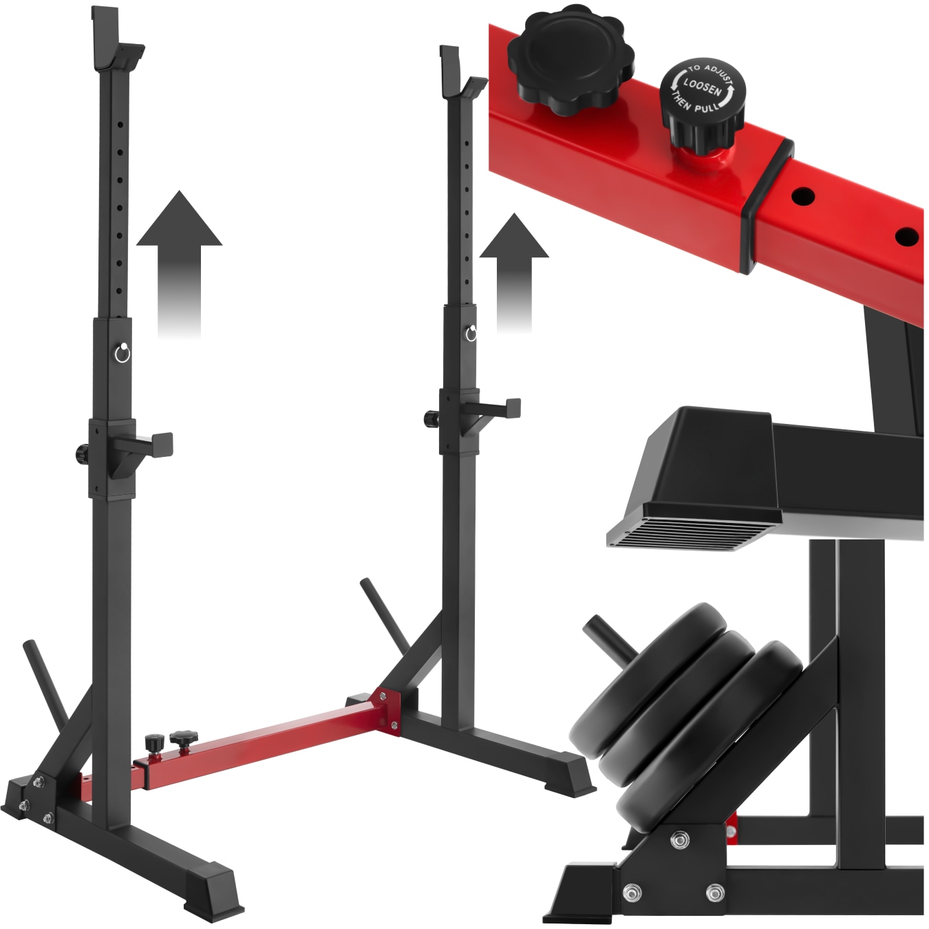 tectake&reg; Squat Rack, multifunktional, H&ouml;he und Breite verstellbar, bodenschonende Kunststoffkappen, inklusive 2 Aufnahmen f&uuml;r Hantelscheiben 