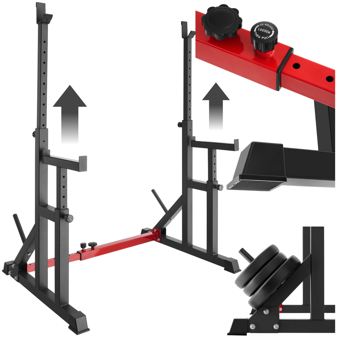 tectake&reg; Squat Rack, multifunktional, H&ouml;he und Breite verstellbar, bodenschonende Kunststoffkappen, inklusive 2 Aufnahmen f&uuml;r Hantelscheiben 