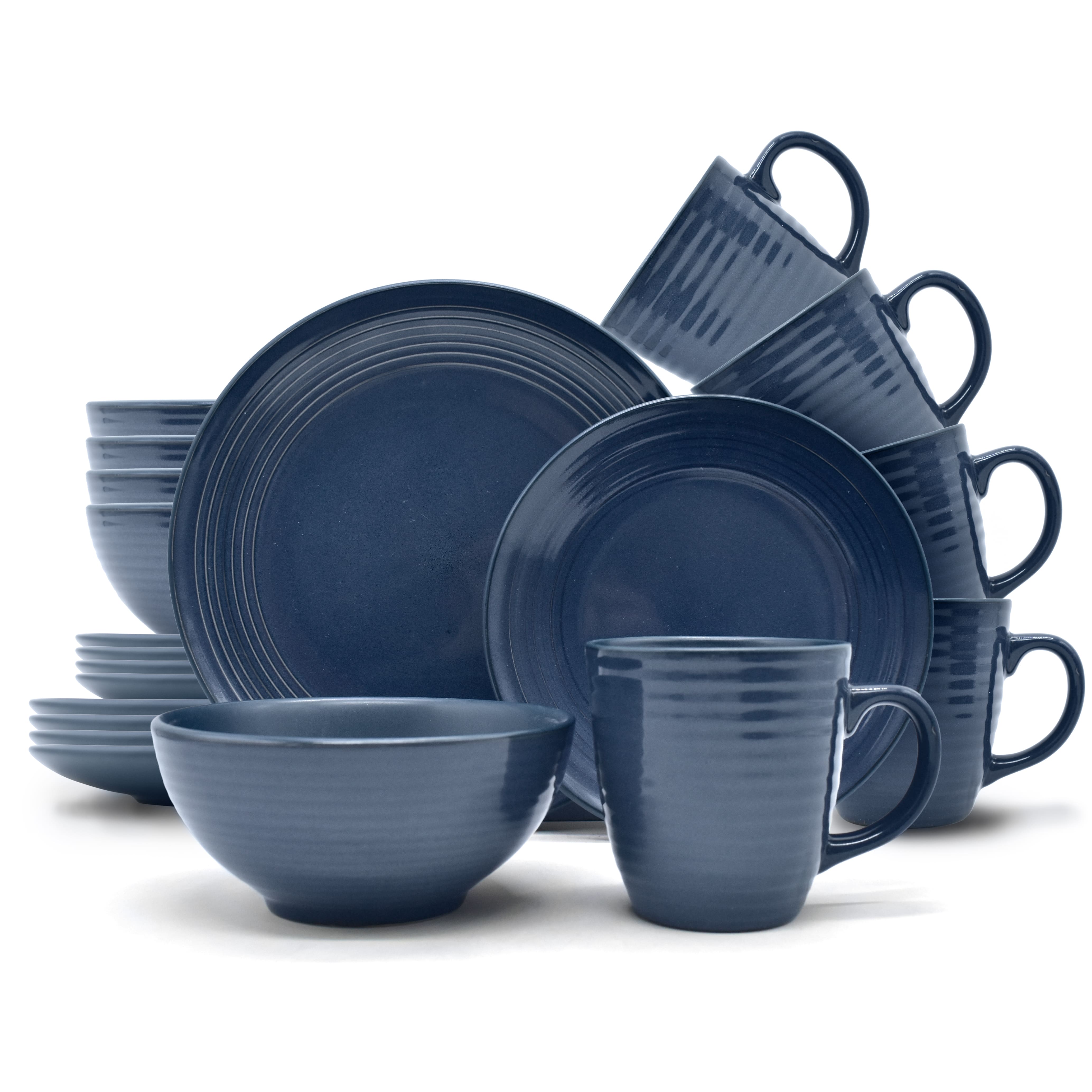 Echtwerk 24-teiliges Vintage Kombiservice "Alicia" Modern-Design f&uuml;r 6 Personen, Stilvolles dunkelblaues Geschirrset aus Stoneware mit 6 x Speiseteller, 6 x Beilagenteller, 6 x Sch&uuml;ssel, 6 x Teetassen 