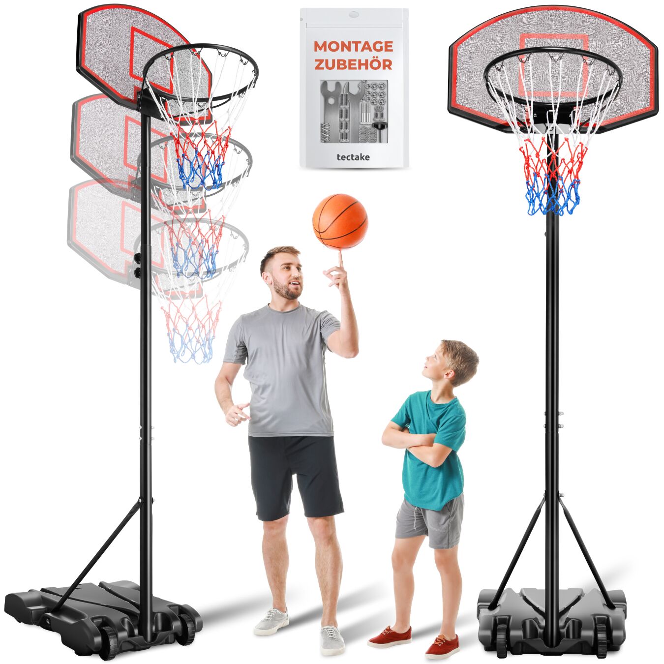 tectake&reg; Basketballkorb, freistehend, mit R&uuml;ckwand und St&auml;nder, Korbh&ouml;he 178 &ndash; 213 cm, rollbar 