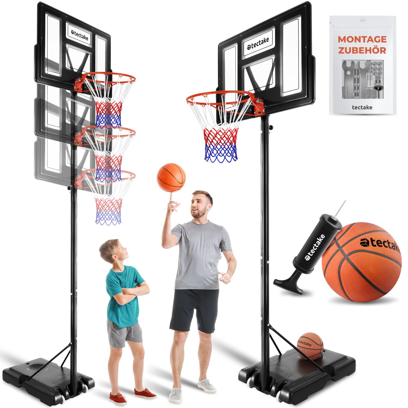 tectake&reg; Basketballkorb, Outdoor, verstellbare Korbh&ouml;he 230 - 305 cm, mit Rollen, inklusive Ball, Pumpe und 2 Netze 