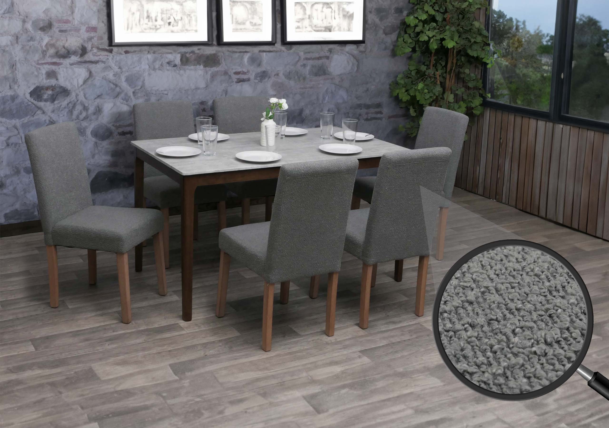6er-Set Esszimmerstuhl Littau, Stuhl K&uuml;chenstuhl Hochlehner, Stoff/Textil Boucl&eacute; Holz ~ grau, naturfarbene Beine 