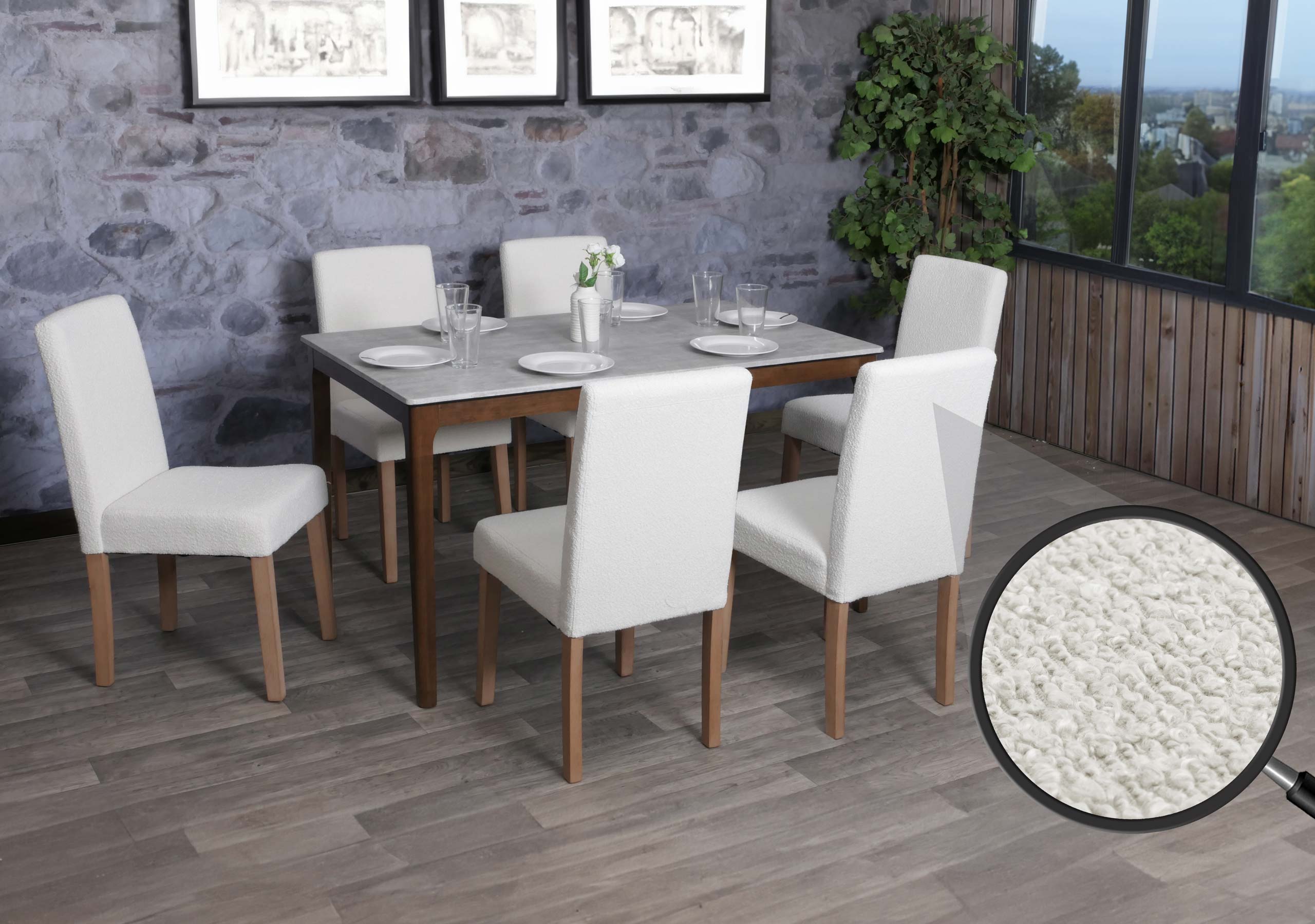 6er-Set Esszimmerstuhl Littau, Stuhl K&uuml;chenstuhl Hochlehner, Stoff/Textil Boucl&eacute; Holz ~ creme, naturfarbene Beine 