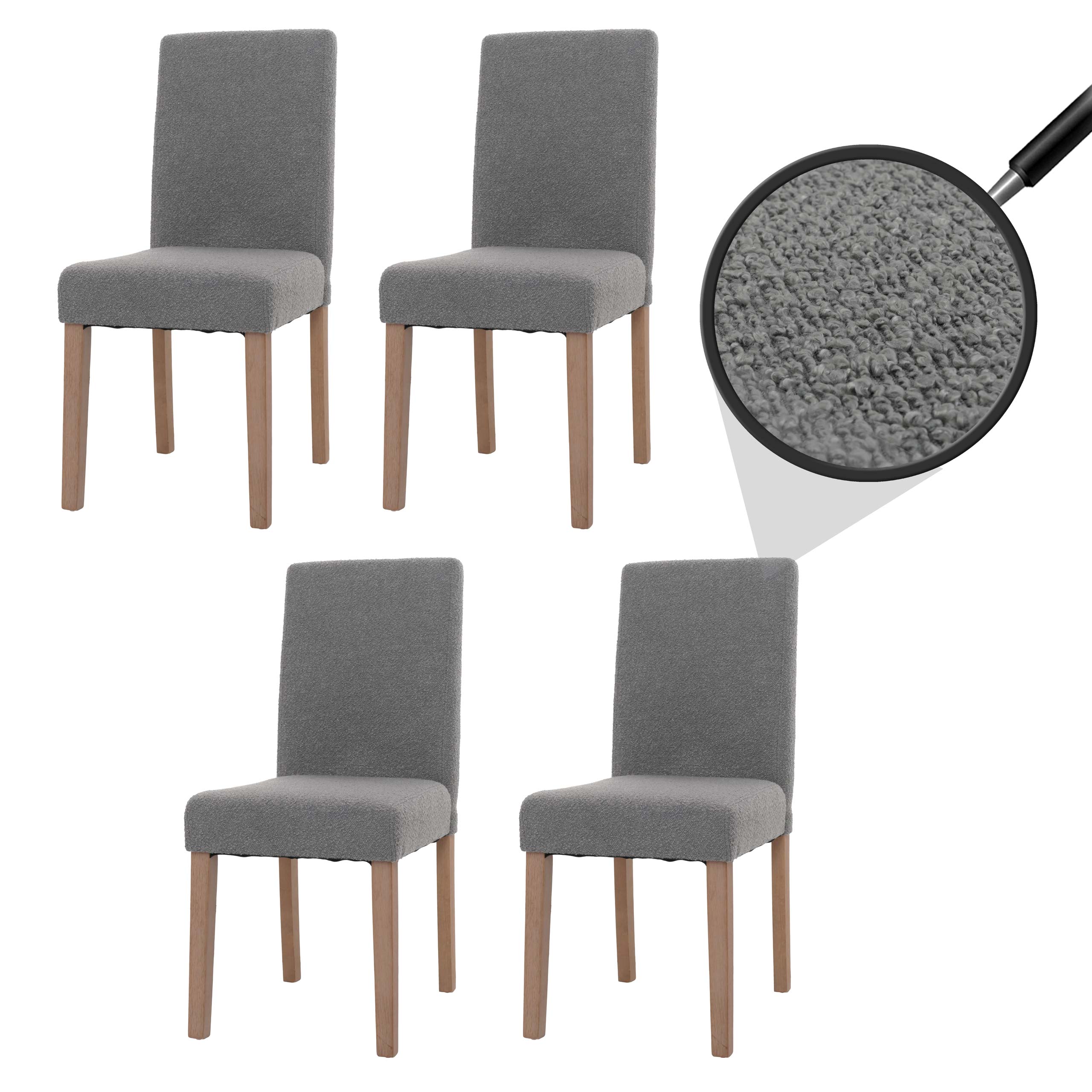 4er-Set Esszimmerstuhl Littau, Stuhl K&uuml;chenstuhl Hochlehner, Stoff/Textil Boucl&eacute; Holz ~ grau, naturfarbene Beine 