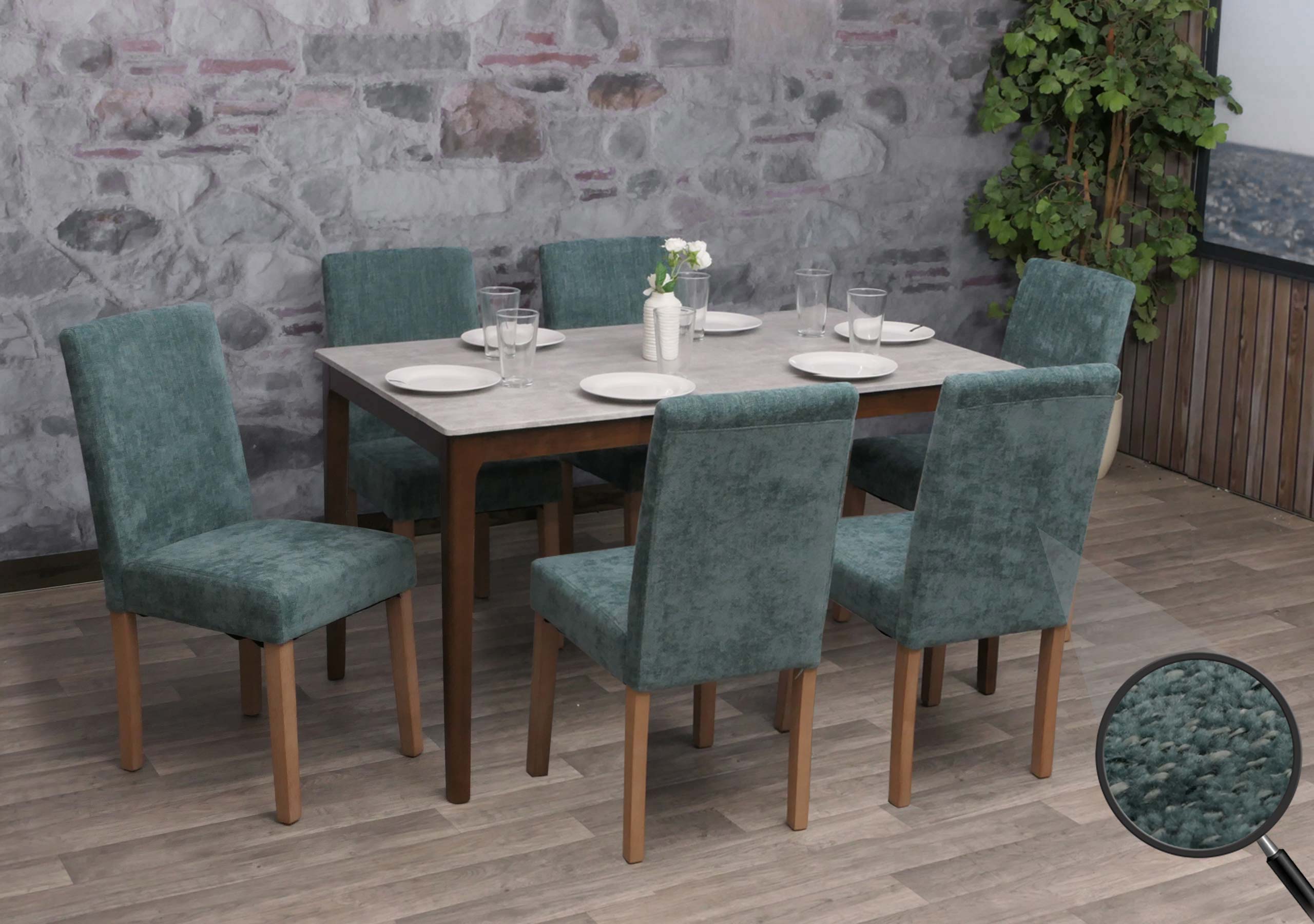 6er-Set Esszimmerstuhl Littau, Stuhl K&uuml;chenstuhl Hochlehner, Stoff/Textil Chenille Holz ~ gr&uuml;n, naturfarbene Beine 