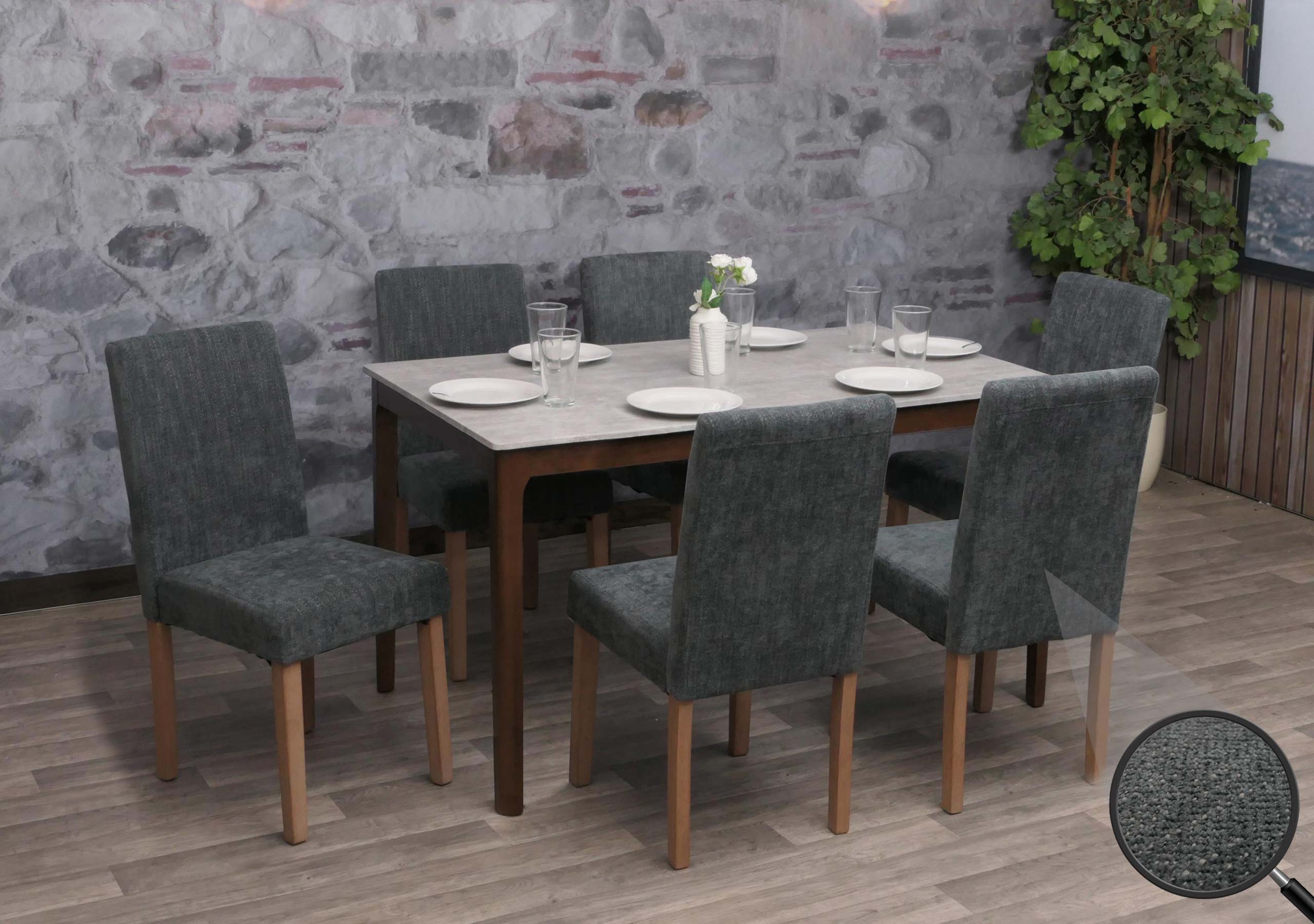 6er-Set Esszimmerstuhl Littau, Stuhl K&uuml;chenstuhl Hochlehner, Stoff/Textil Chenille Holz ~ dunkelgrau, naturfarbene Beine 