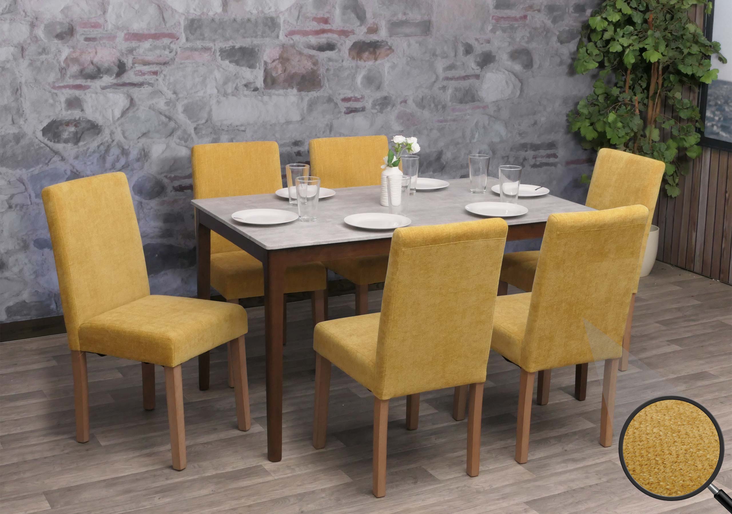 6er-Set Esszimmerstuhl Littau, Stuhl K&uuml;chenstuhl Hochlehner, Stoff/Textil Chenille Holz ~ gelb, naturfarbene Beine 