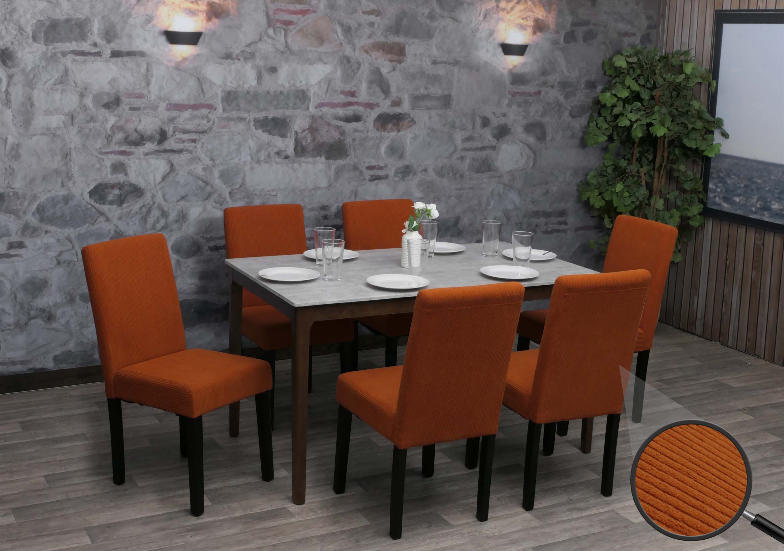 6er-Set Esszimmerstuhl Littau, Stuhl K&uuml;chenstuhl Hochlehner, Stoff/Textil Cord Holz ~ terrakotta, dunkle Beine 
