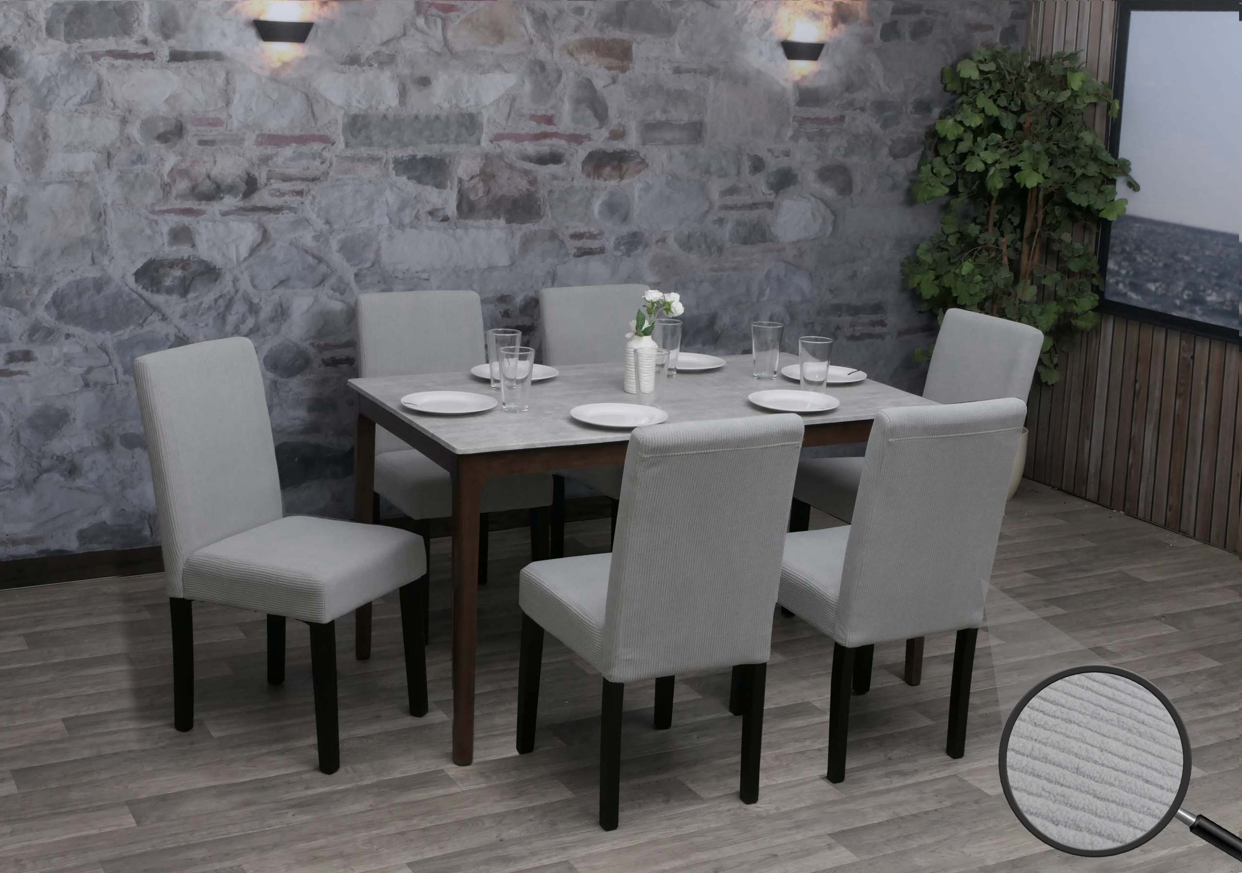 6er-Set Esszimmerstuhl Littau, Stuhl K&uuml;chenstuhl Hochlehner, Stoff/Textil Cord Holz ~ hellgrau, dunkle Beine 