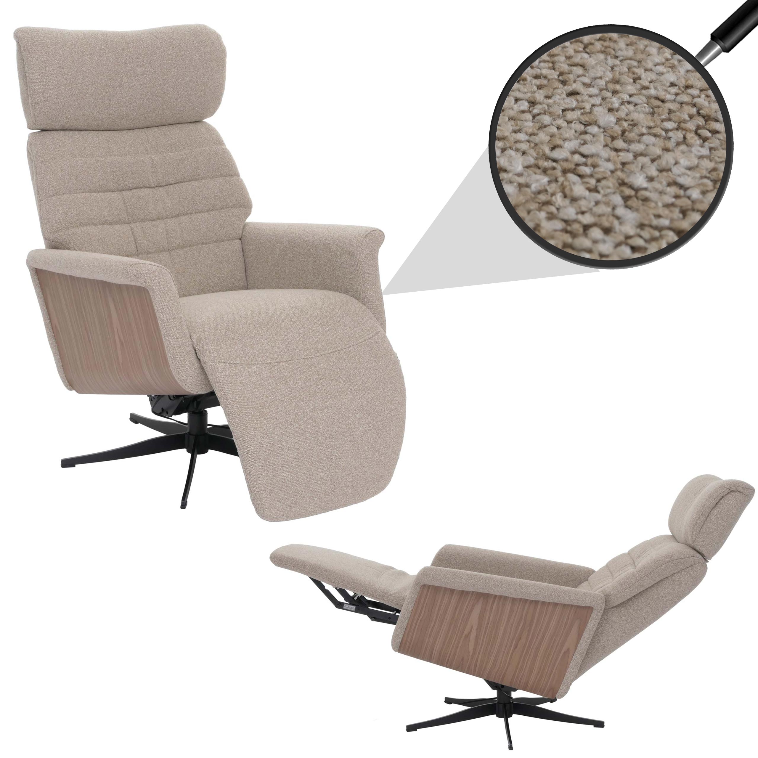 MCA Relaxsessel MCW-N56, Fernsehsessel Liegesessel Fu&szlig;st&uuml;tze drehbar Boucl&eacute; Stoff Holz ~ Stoff braun, Holz Walnuss-Optik 
