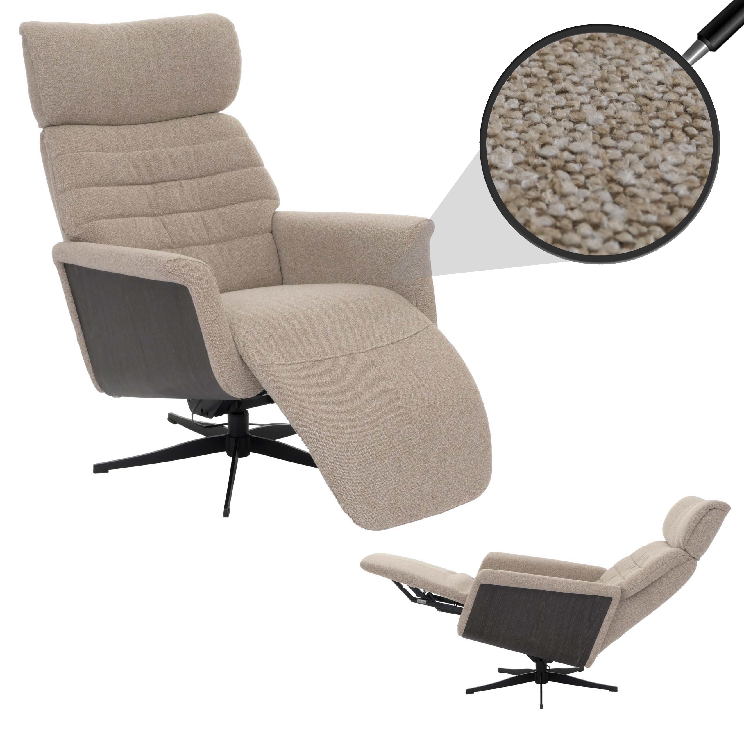 MCA Relaxsessel MCW-N56, Fernsehsessel Liegesessel Fu&szlig;st&uuml;tze drehbar Boucl&eacute; Stoff Holz ~ Stoff braun, Holz grau 