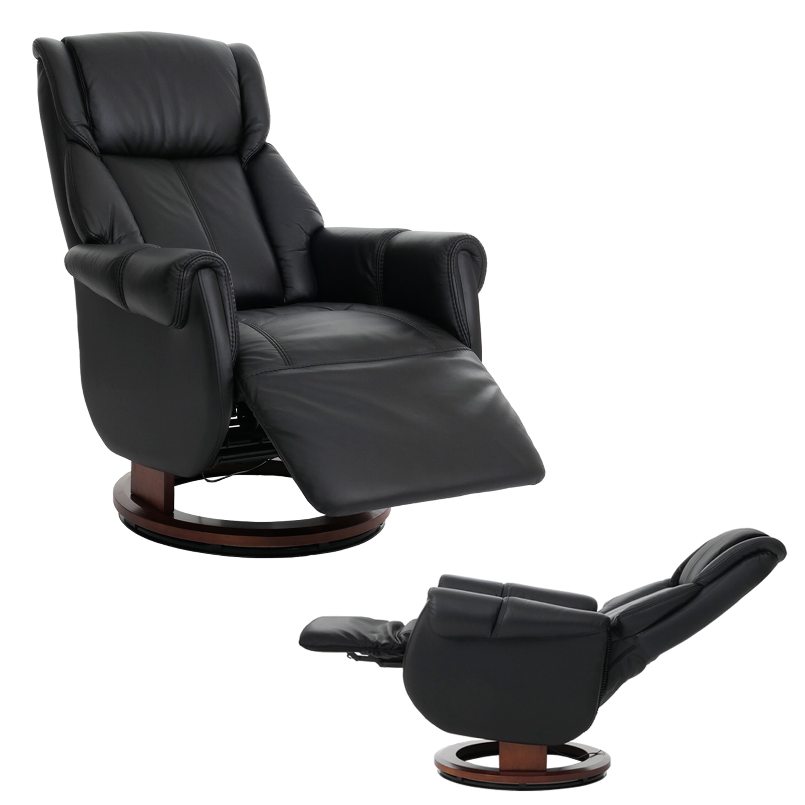 MCA Relaxsessel + Aufstehhilfe MCW-N58, Fernsehsessel Liegesessel Fu&szlig;st&uuml;tze Holz Leder ~ schwarz, Holz walnussfarben 