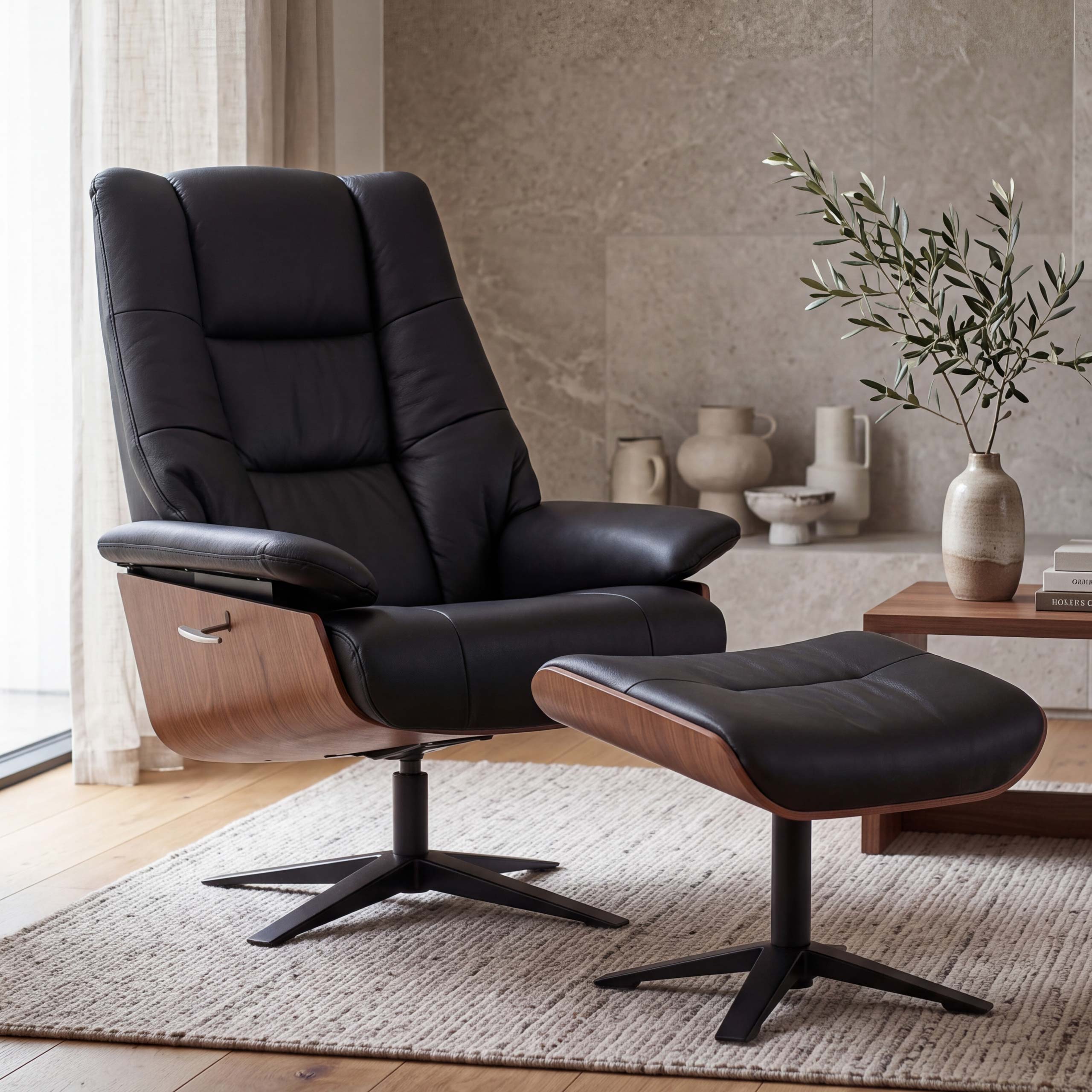 MCA Relaxsessel + Hocker MCW-N57, Fernsehsessel Liegesessel, Holz Echtleder ~ schwarz 