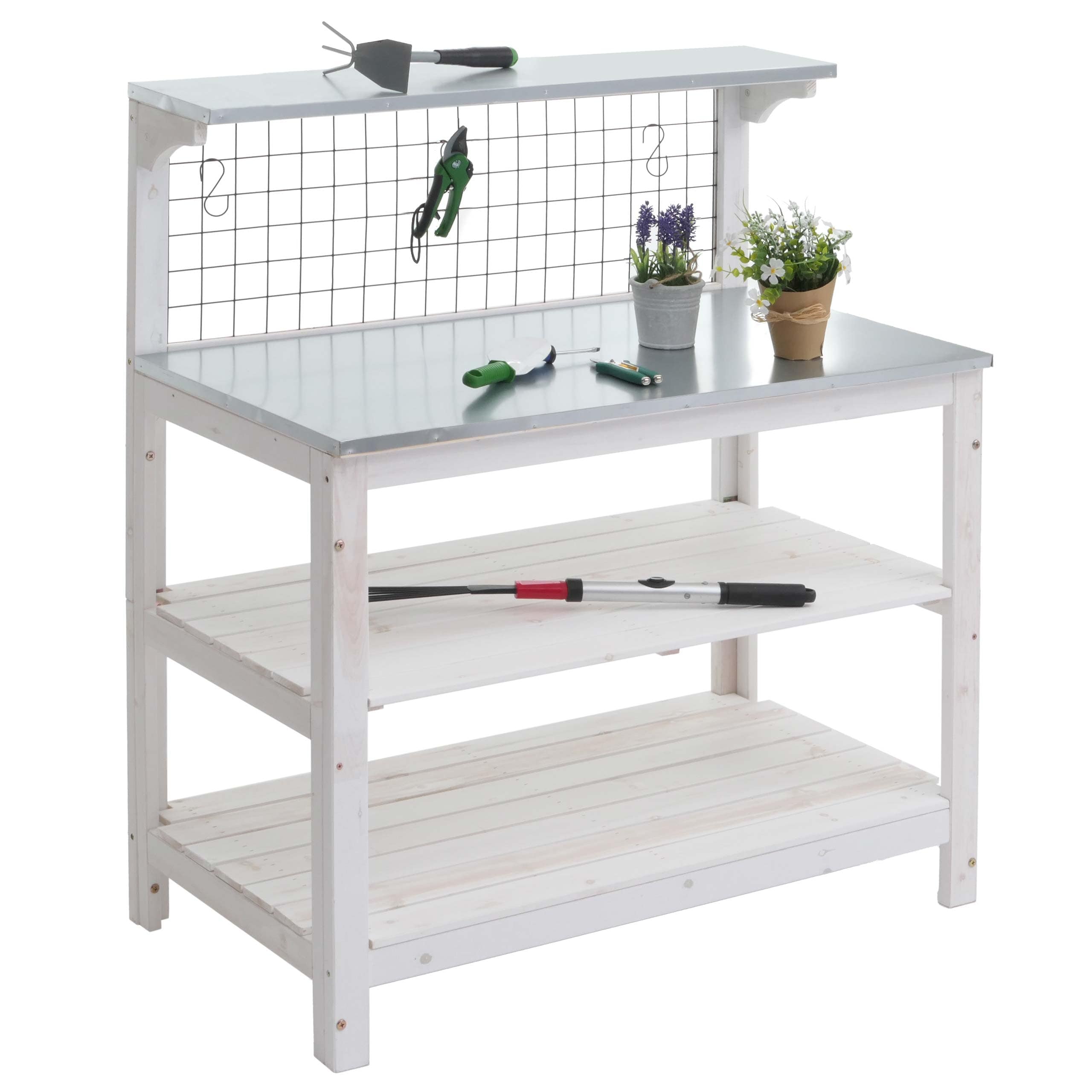 Pflanztisch MCW-N55, G&auml;rtnertisch Blumentisch Pflanzregal, Holz MVG-zertifiziert verzinkte Platte, 117x102x56cm ~ wei&szlig; 