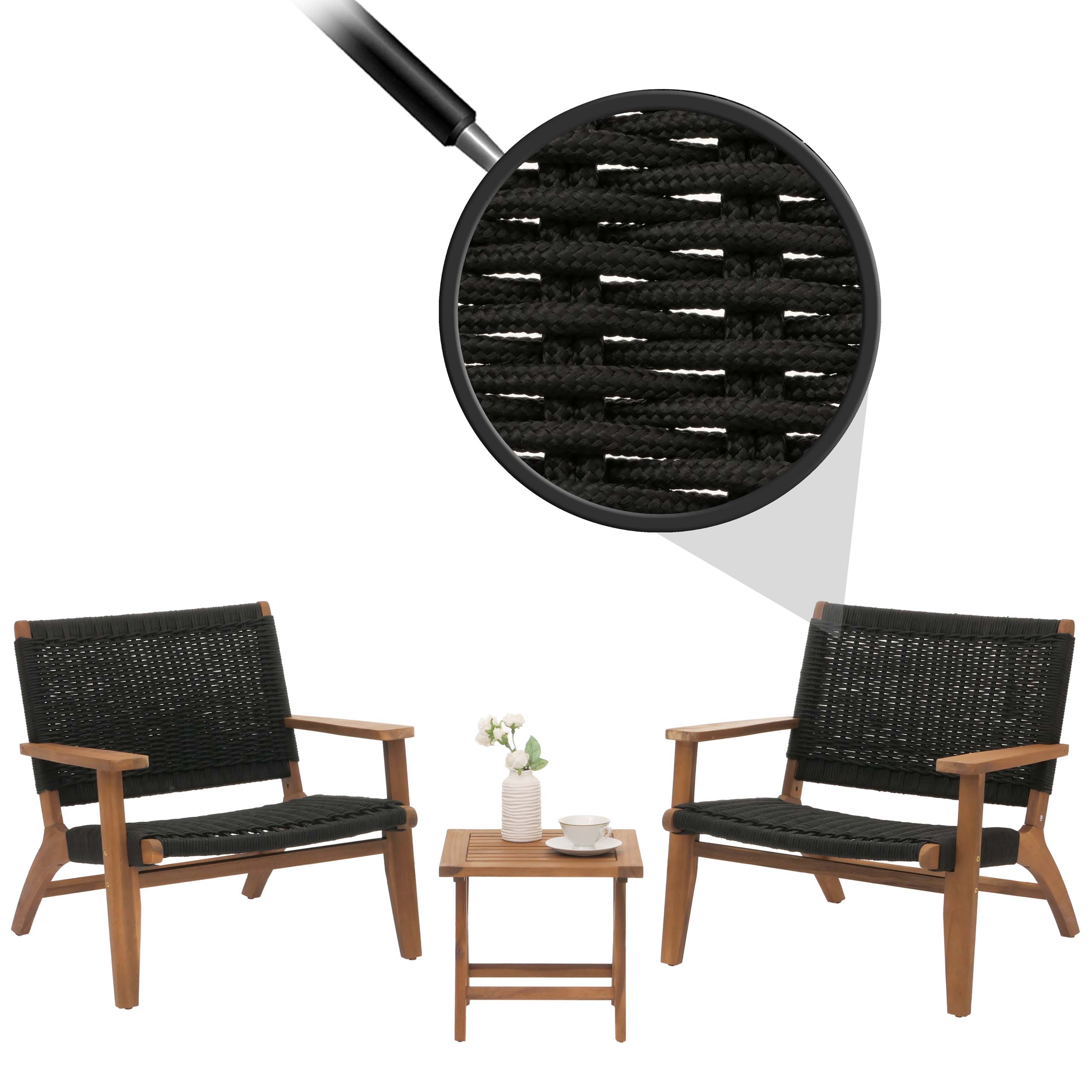 Lounge-Garten-Garnitur MCW-N49, Balkon-Set Sitzgruppe Sessel, Seilgeflecht Rope Holz Akazie MVG-zertifiziert, schwarz 