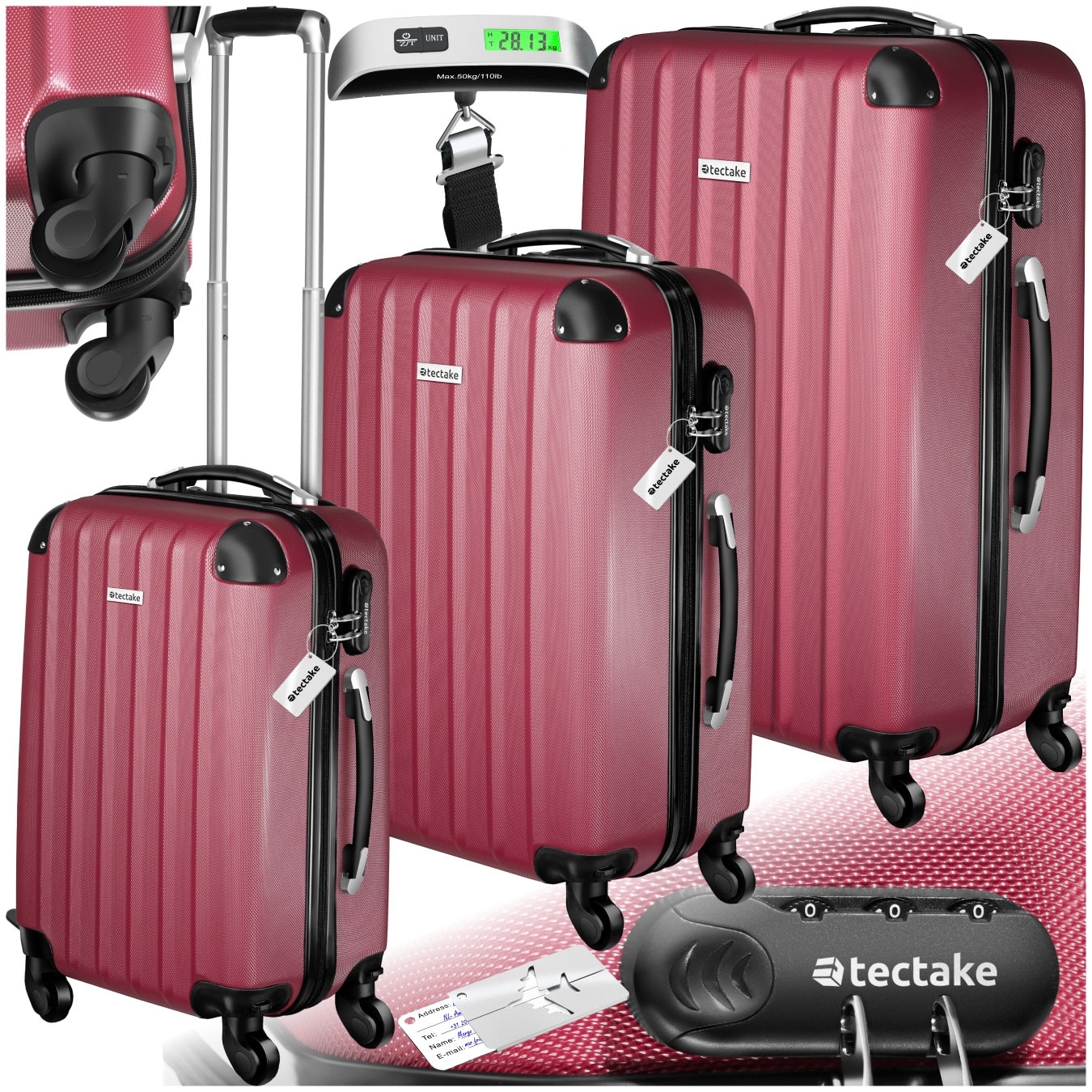 tectake&reg; 3er Kofferset, 3-teilig aus robustem ABS-Kunststoff inkl. Kofferwaage und -anh&auml;nger, 360&deg; drehbare, abnehmbare Rollen, mit Sicherheitszahlenschloss 