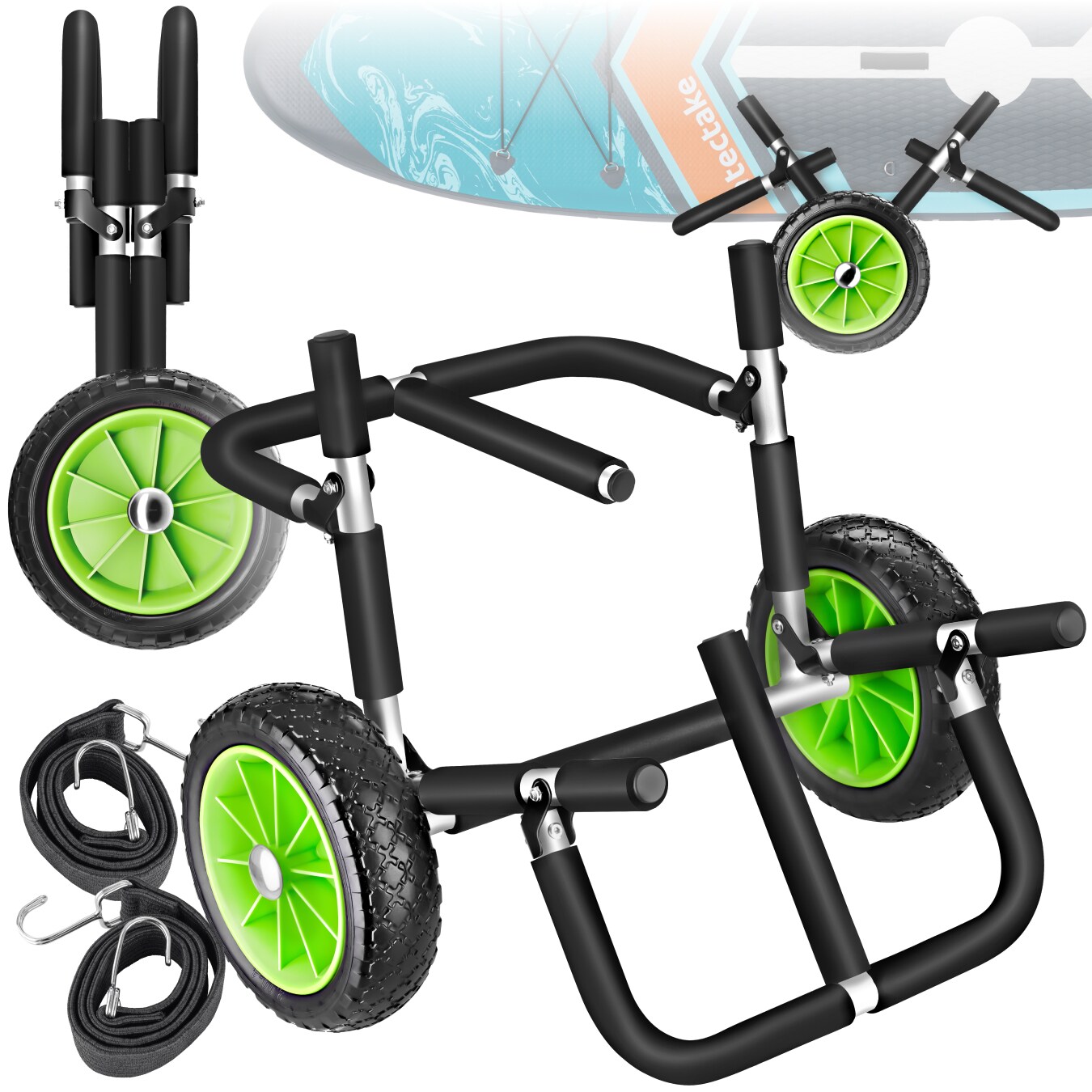 tectake&reg; Surfboard Transportwagen, klappbar, f&uuml;r bis zu 2 Boards, Schaumstoffpolsterung, inkl. 2 Sicherungsgurte, 62 x 53 x 49 cm 