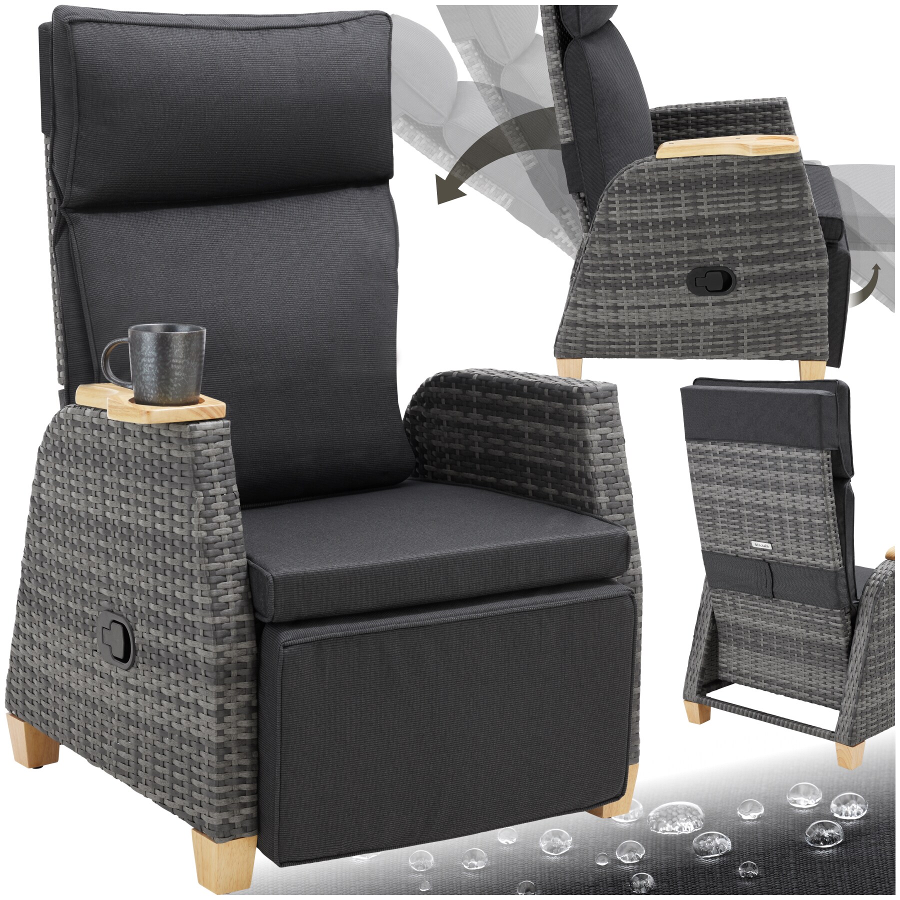 tectake&reg; Rattansessel, mit Aluminiumgestell, verstellbare R&uuml;ckenlehne und Fu&szlig;ablage, dicke Polsterung, 68,5 x 67 - 128 x 87 - 104 cm 