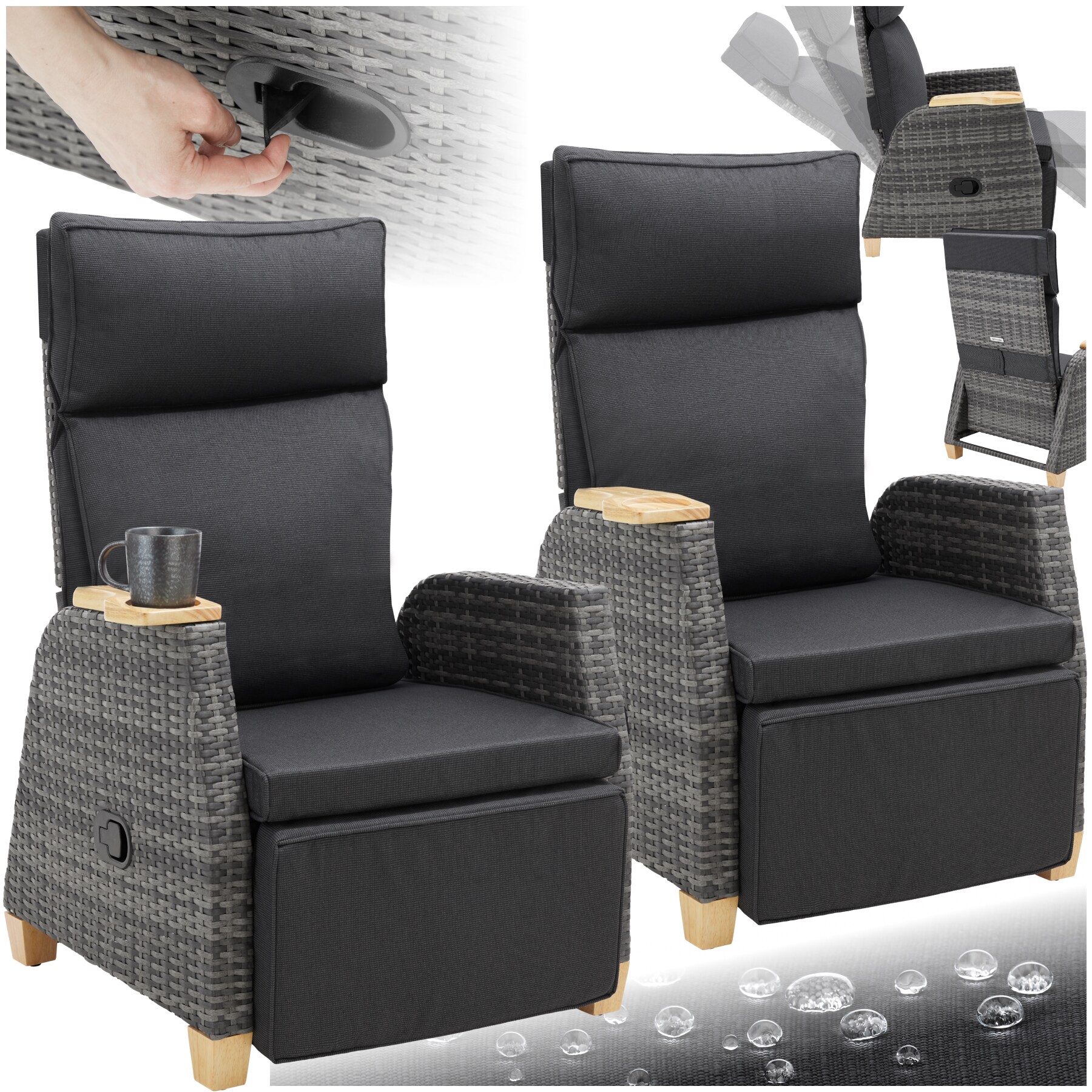 tectake&reg; Aluminium Rattansessel, wetterfest und UV-best&auml;ndig, dicke Polsterung, 68,5 x 67 - 128 x 87 - 104 cm 