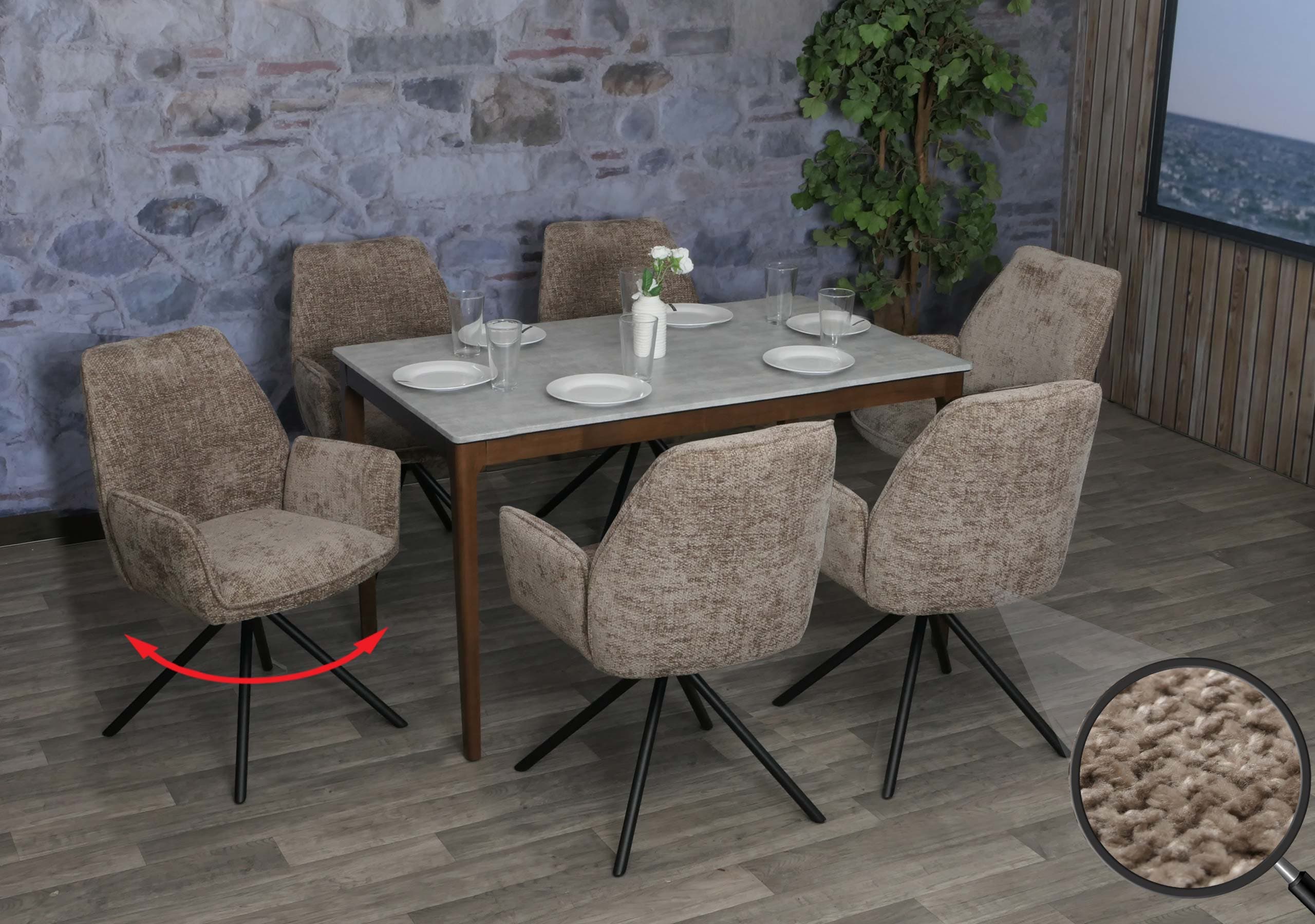 6er-Set Esszimmerstuhl MCW-G67, K&uuml;chenstuhl Stuhl mit Armlehne, drehbar Auto-Position, Chenille &Ouml;ko-Tex MVG ~ braun 