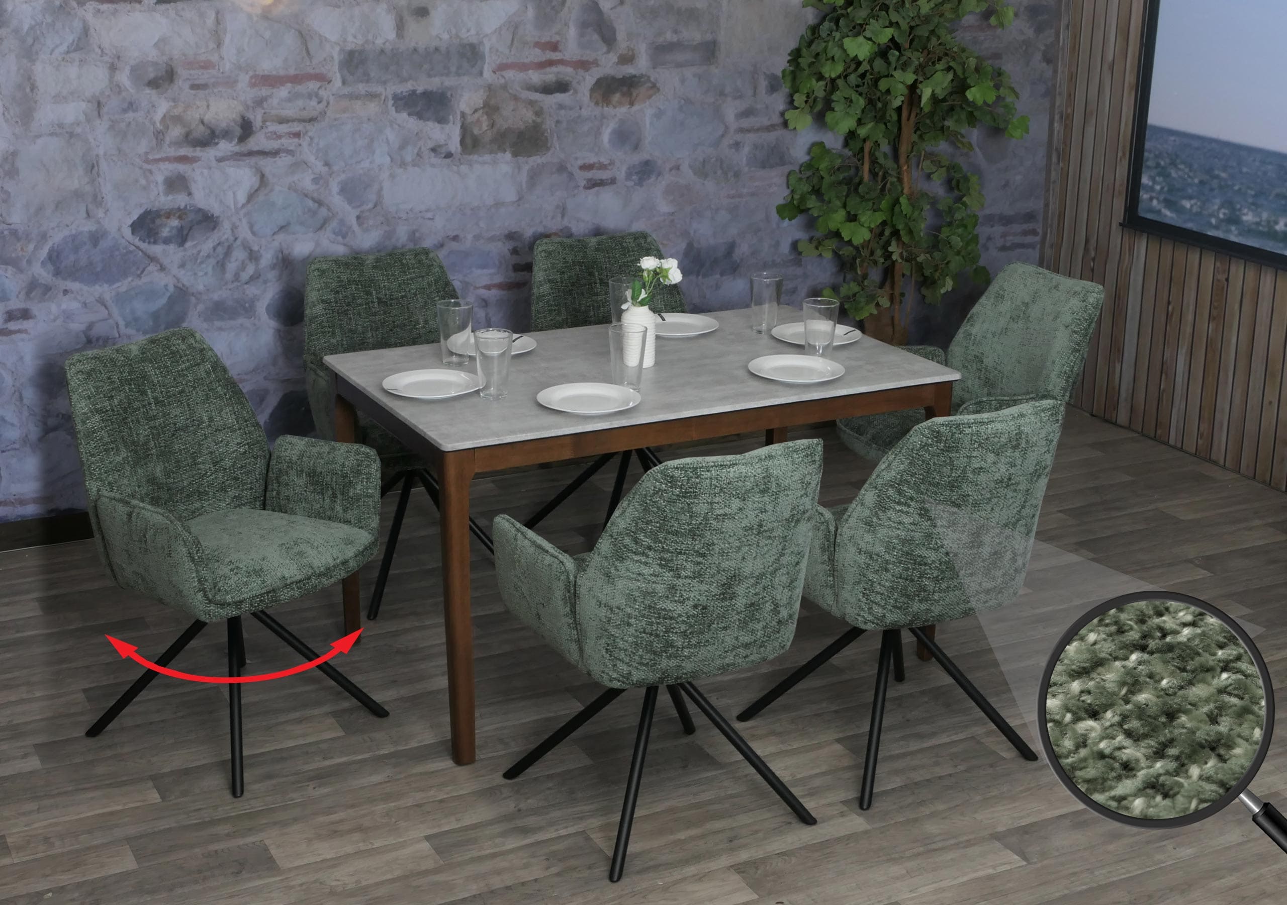 6er-Set Esszimmerstuhl MCW-G67, K&uuml;chenstuhl Stuhl mit Armlehne, drehbar Auto-Position, Chenille &Ouml;ko-Tex MVG ~ gr&uuml;n 