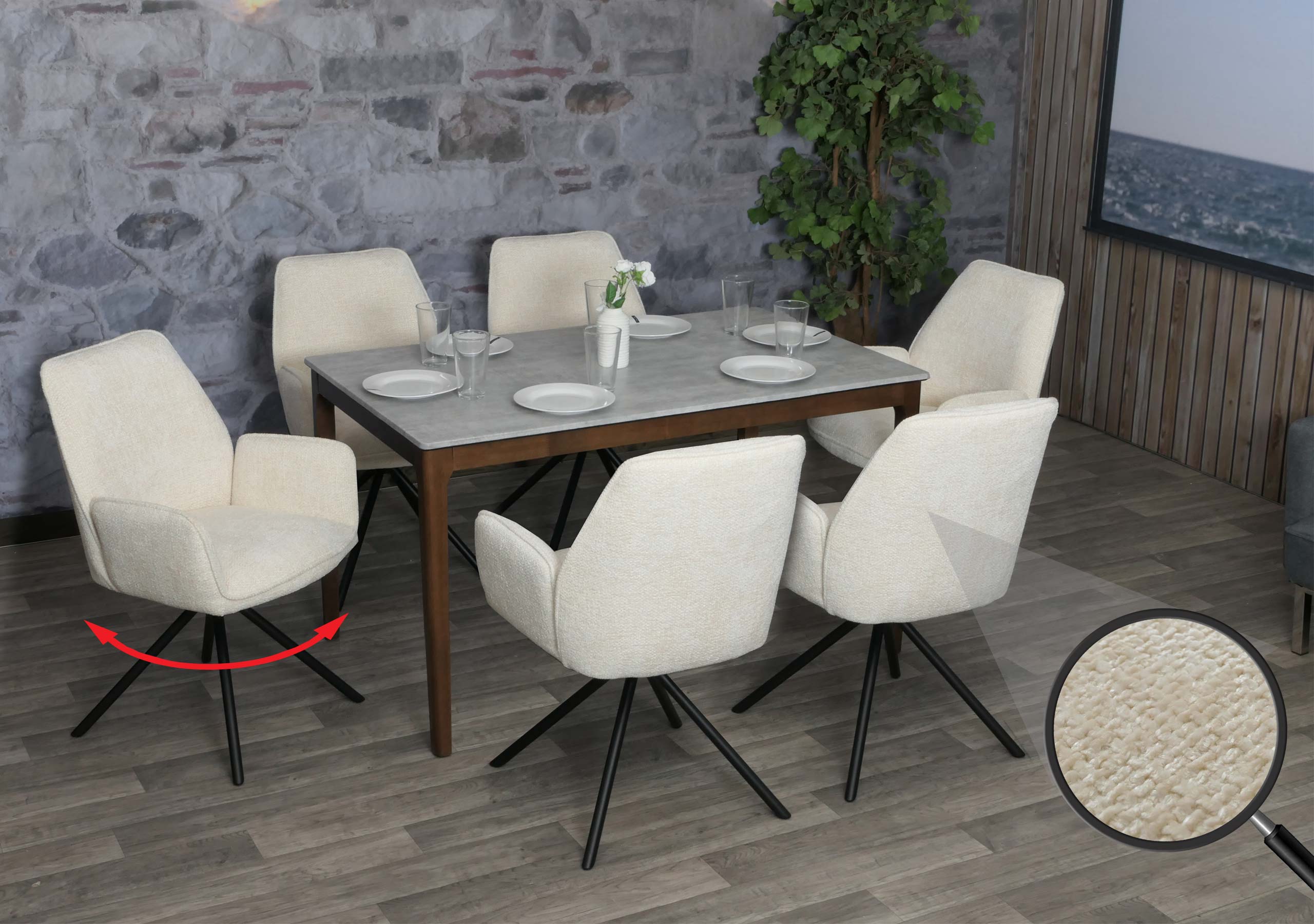 6er-Set Esszimmerstuhl MCW-G67, K&uuml;chenstuhl Stuhl mit Armlehne, drehbar Auto-Position, Chenille &Ouml;ko-Tex MVG ~ creme 