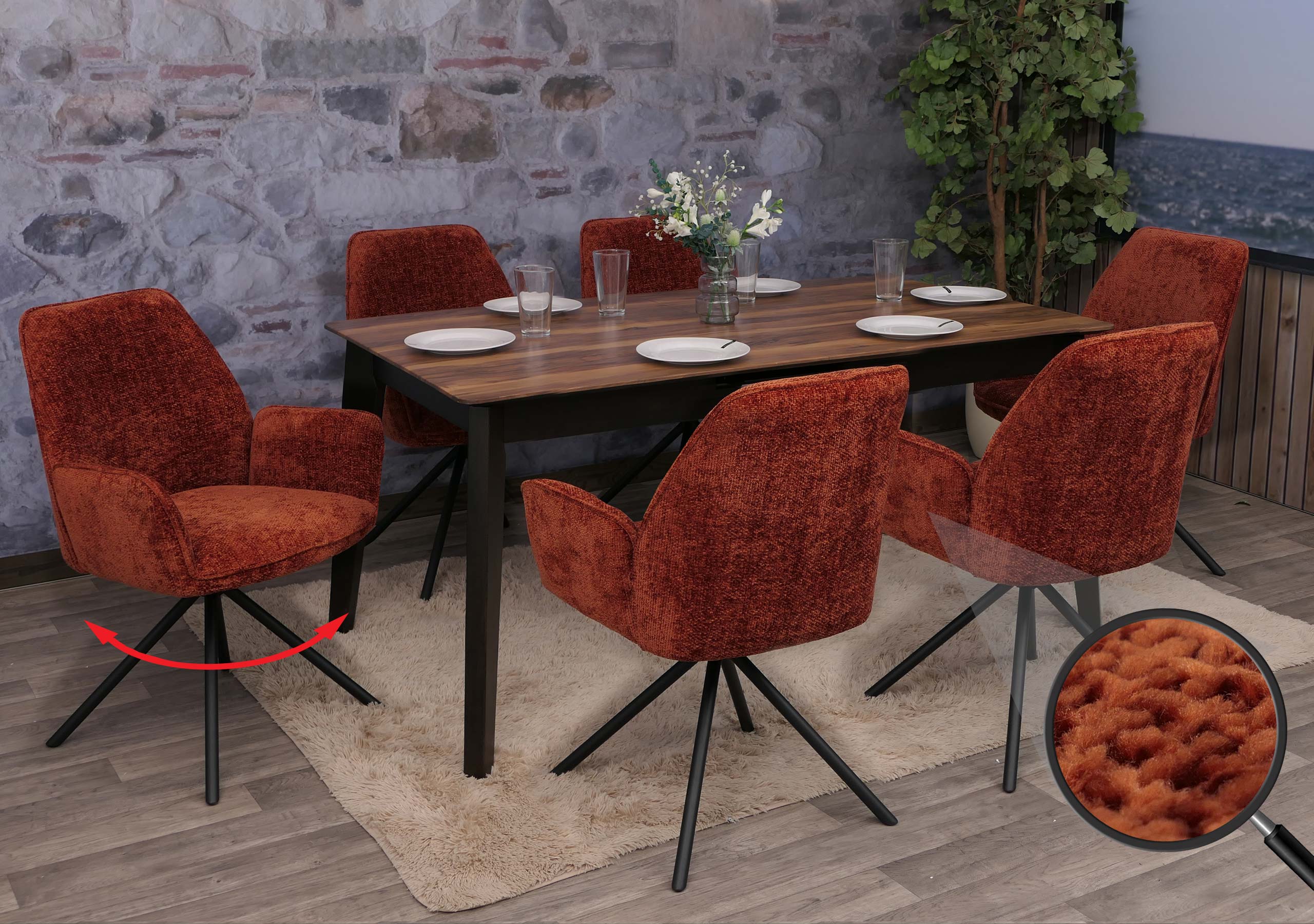 6er-Set Esszimmerstuhl MCW-G67, K&uuml;chenstuhl Stuhl mit Armlehne, drehbar Auto-Position, Chenille &Ouml;ko-Tex MVG ~ rostrot 