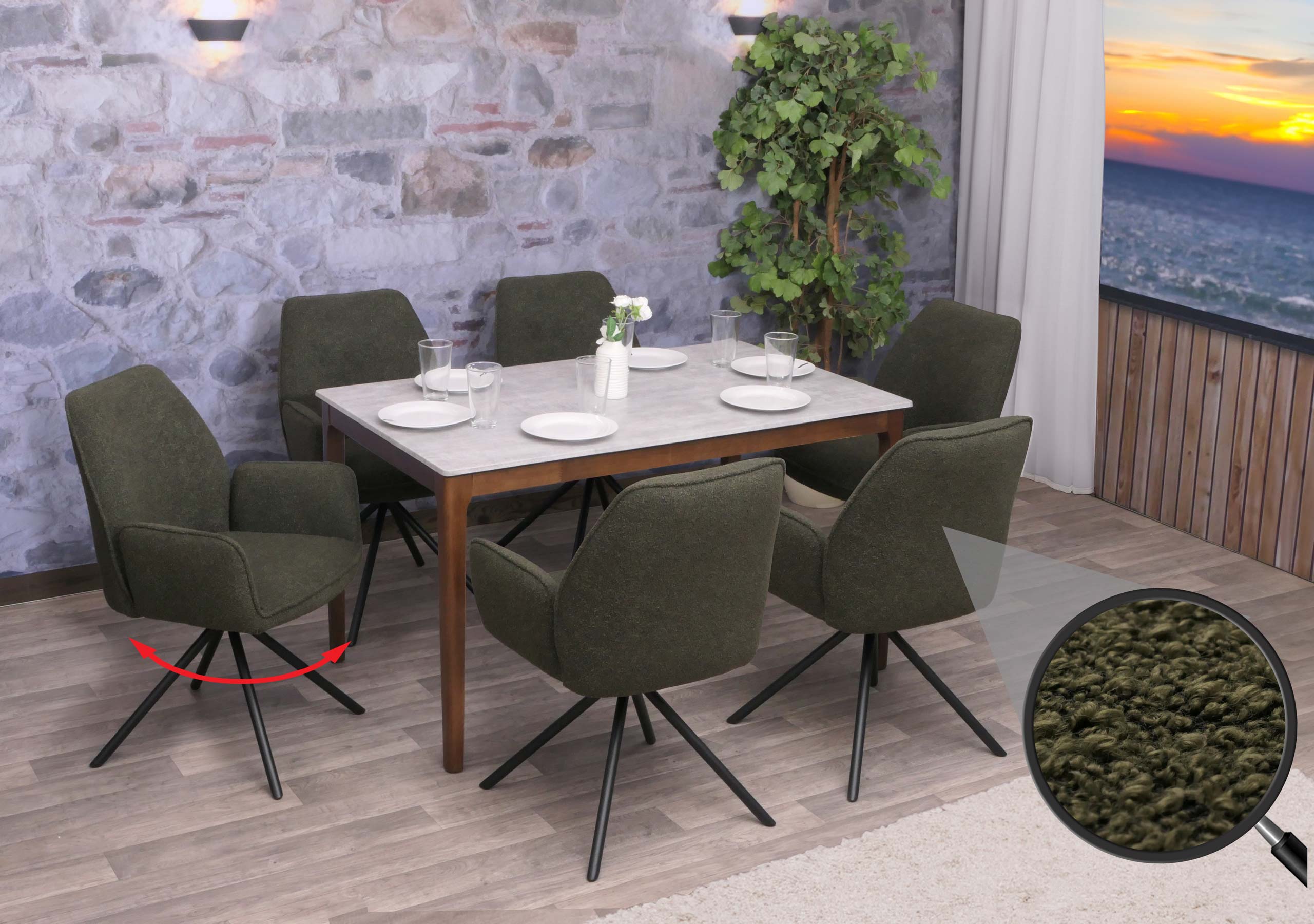 6er-Set Esszimmerstuhl MCW-G67, K&uuml;chenstuhl Stuhl Armlehne, drehbar Auto-Position, Stoff Boucl&eacute; &Ouml;ko-Tex MVG ~ olivgr&uuml;n 