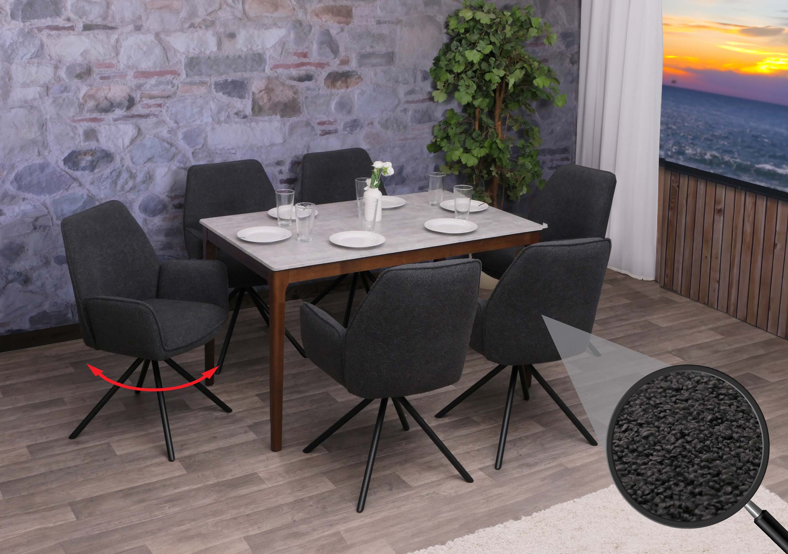 6er-Set Esszimmerstuhl MCW-G67, K&uuml;chenstuhl Stuhl Armlehne, drehbar Auto-Position, Stoff Boucl&eacute; &Ouml;ko-Tex MVG ~ dunkelgrau 