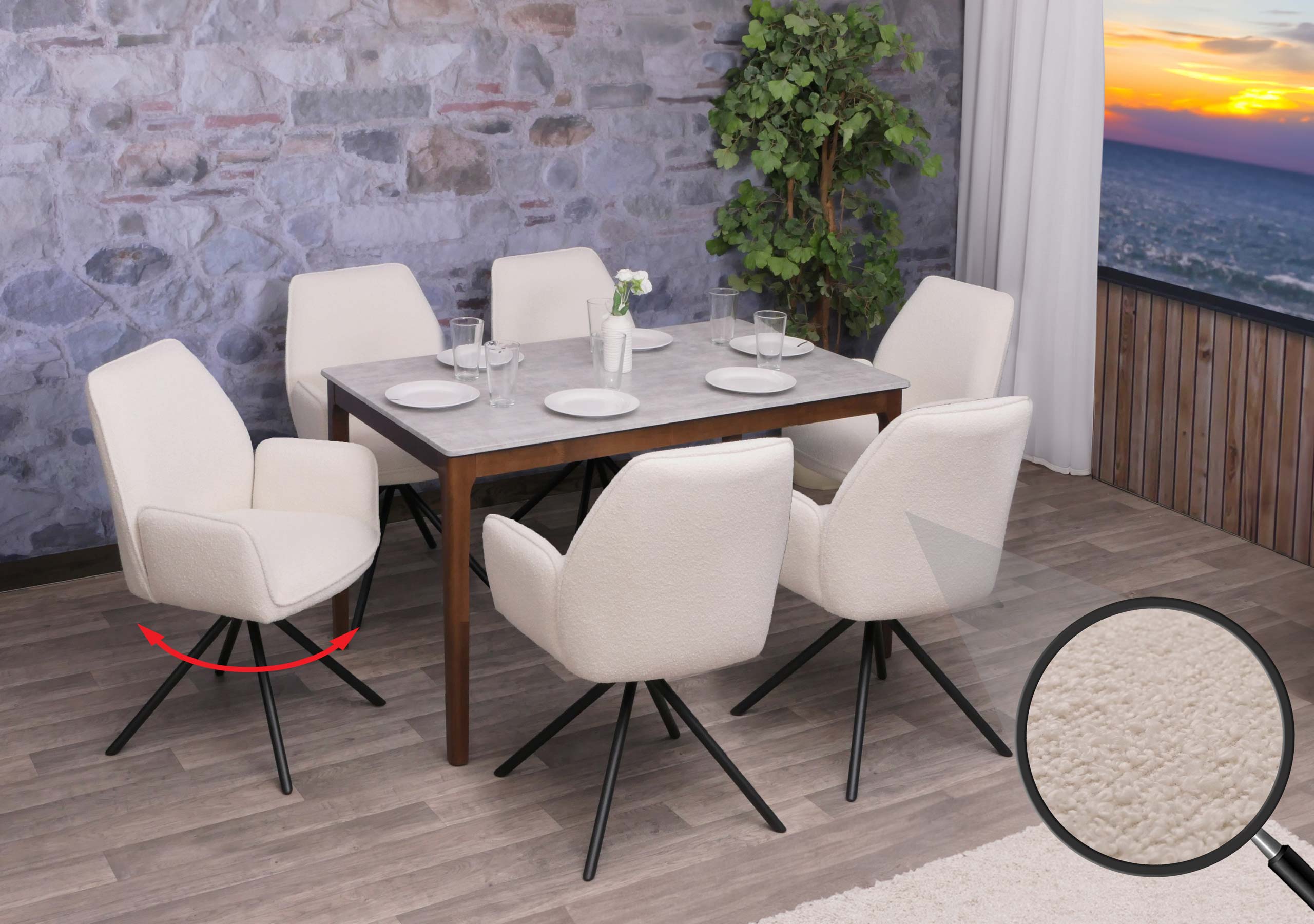 6er-Set Esszimmerstuhl MCW-G67, K&uuml;chenstuhl Stuhl Armlehne, drehbar Auto-Position, Stoff Boucl&eacute; &Ouml;ko-Tex MVG ~ creme 