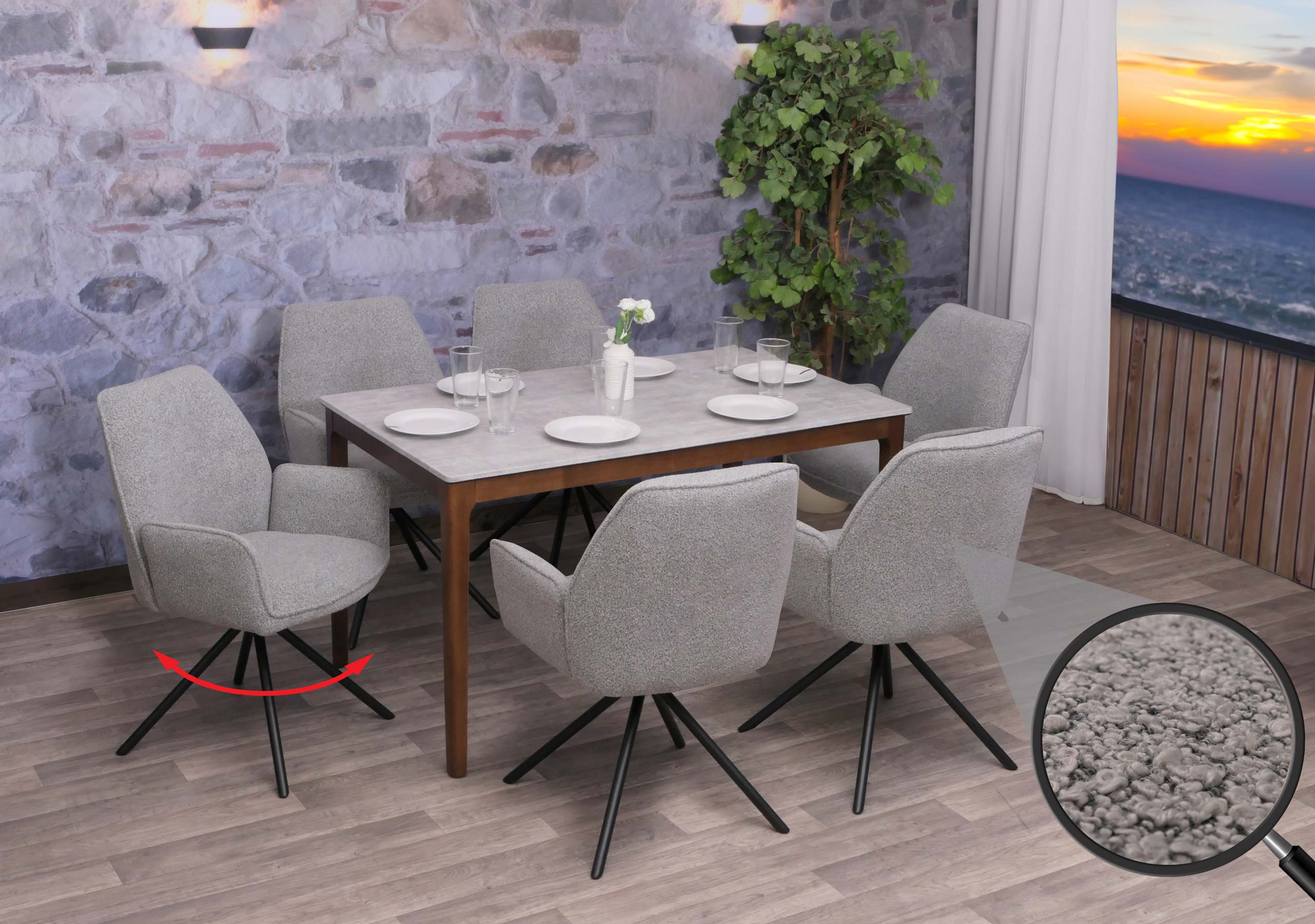 6er-Set Esszimmerstuhl MCW-G67, K&uuml;chenstuhl Stuhl Armlehne, drehbar Auto-Position, Stoff Boucl&eacute; &Ouml;ko-Tex MVG ~ hellgrau 