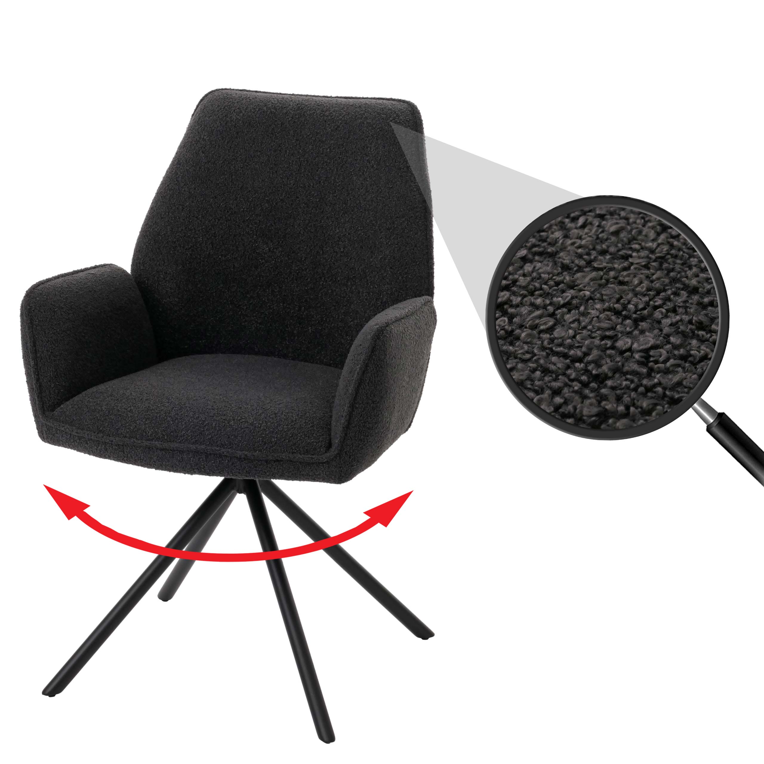 Esszimmerstuhl MCW-G67, K&uuml;chenstuhl Stuhl Armlehne, drehbar Auto-Position, Stoff/Textil Boucl&eacute; &Ouml;ko-Tex MVG ~ dunkelgrau 