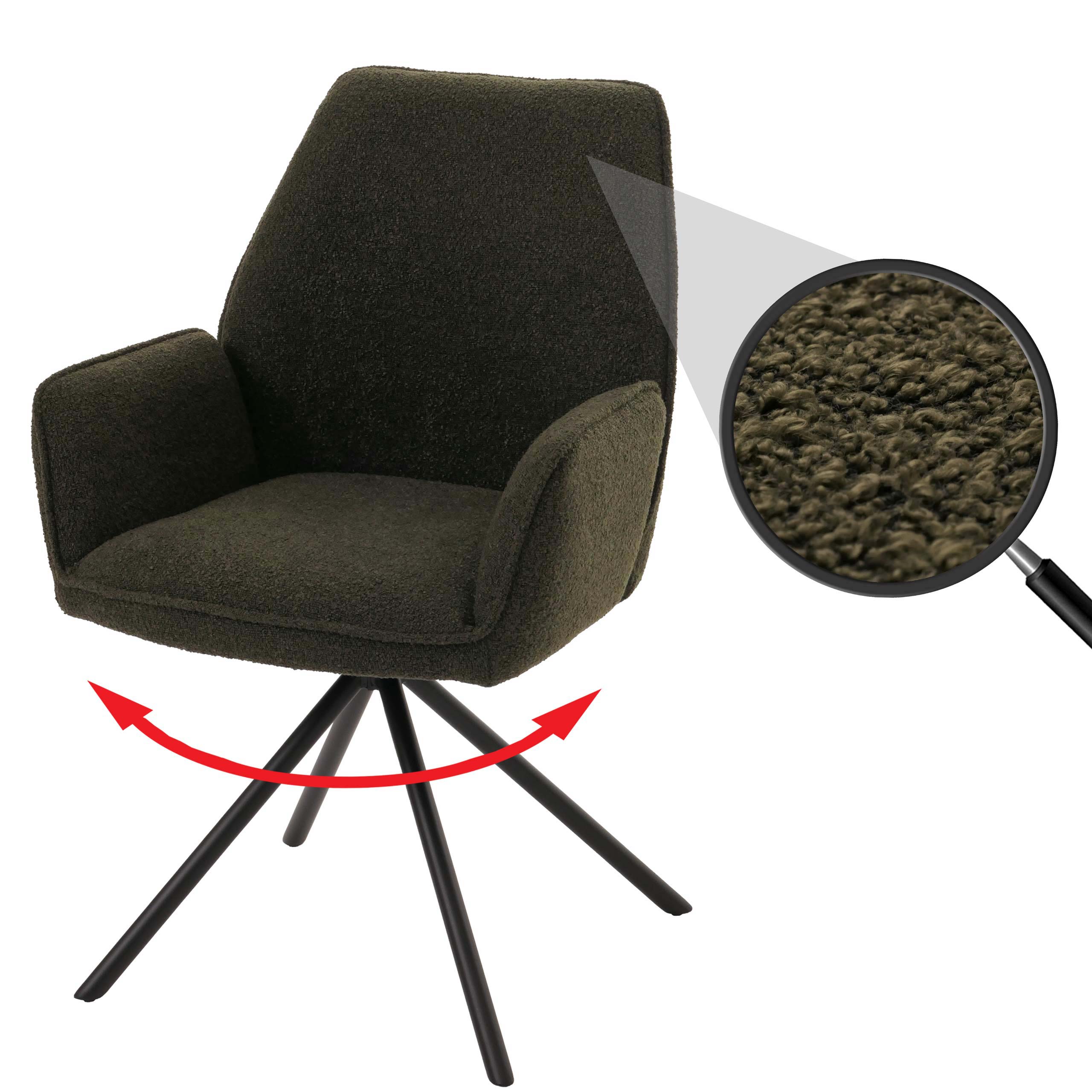 Esszimmerstuhl MCW-G67, K&uuml;chenstuhl Stuhl Armlehne, drehbar Auto-Position, Stoff/Textil Boucl&eacute; &Ouml;ko-Tex MVG ~ olivgr&uuml;n 
