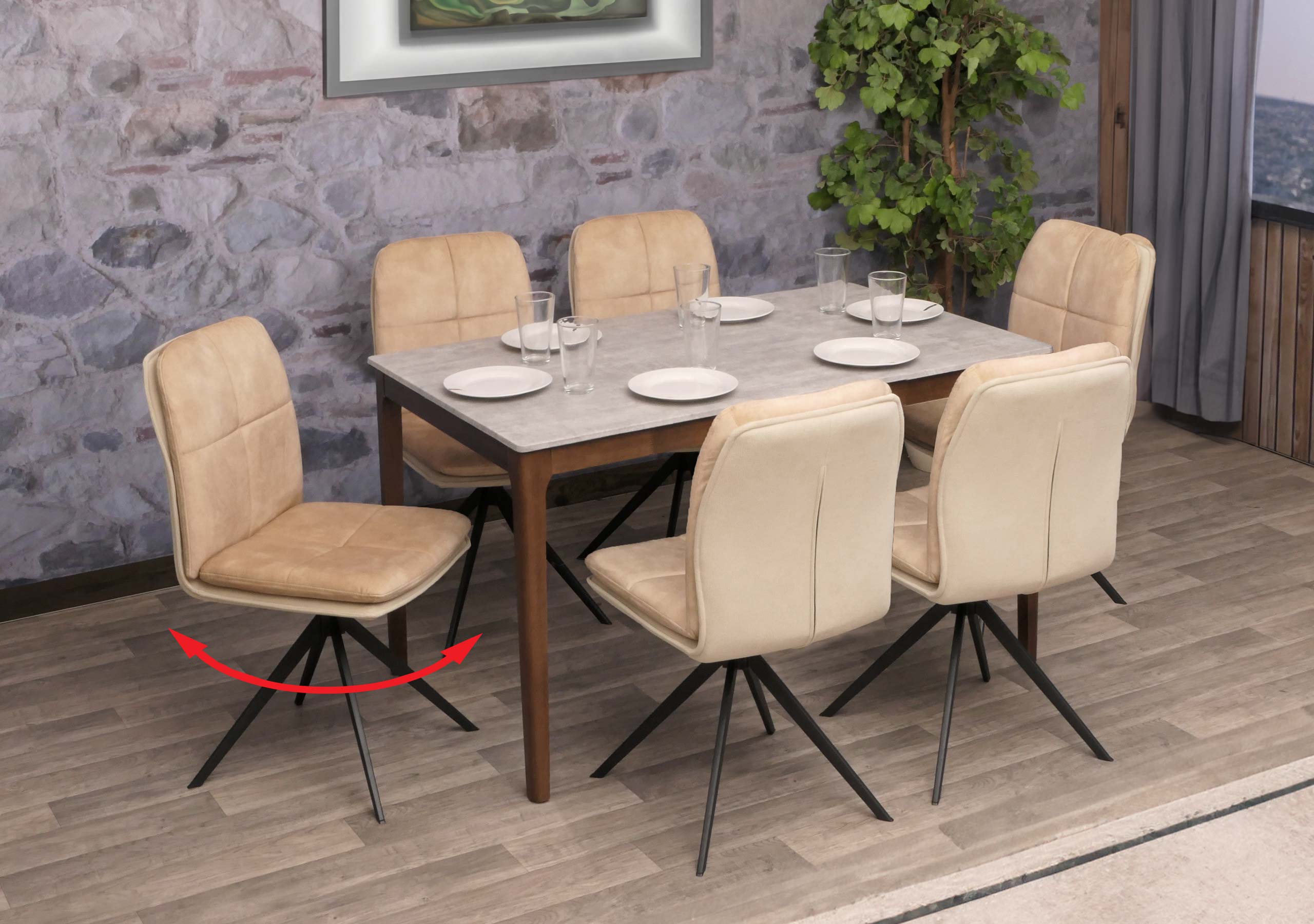 6er-Set Esszimmerstuhl MCW-M68, K&uuml;chenstuhl Lehnstuhl, drehbar Auto-Position, Metall Stoff/Textil ~ beige 