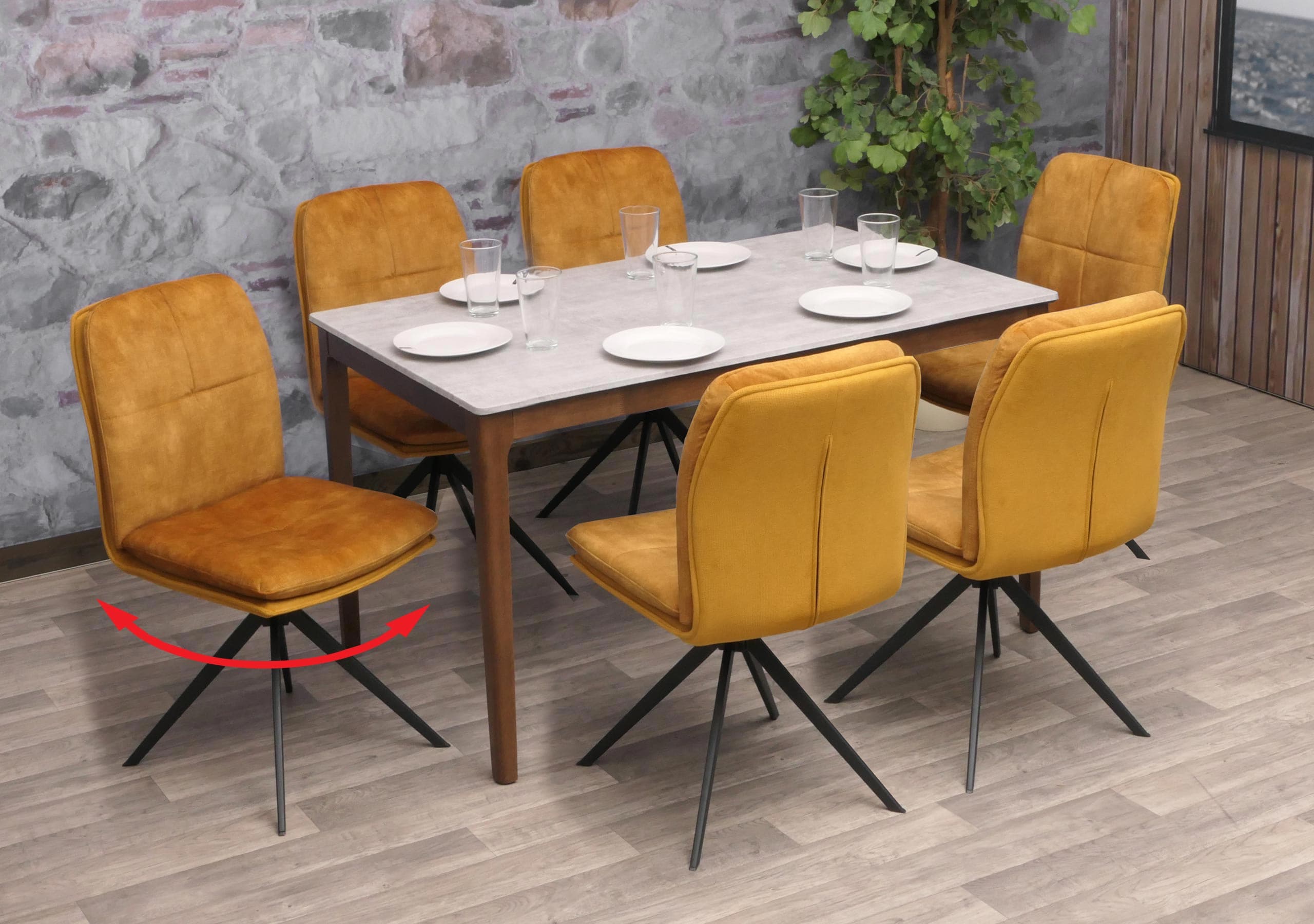 6er-Set Esszimmerstuhl MCW-M68, K&uuml;chenstuhl Lehnstuhl, drehbar Auto-Position, Metall Stoff/Textil ~ gelb 