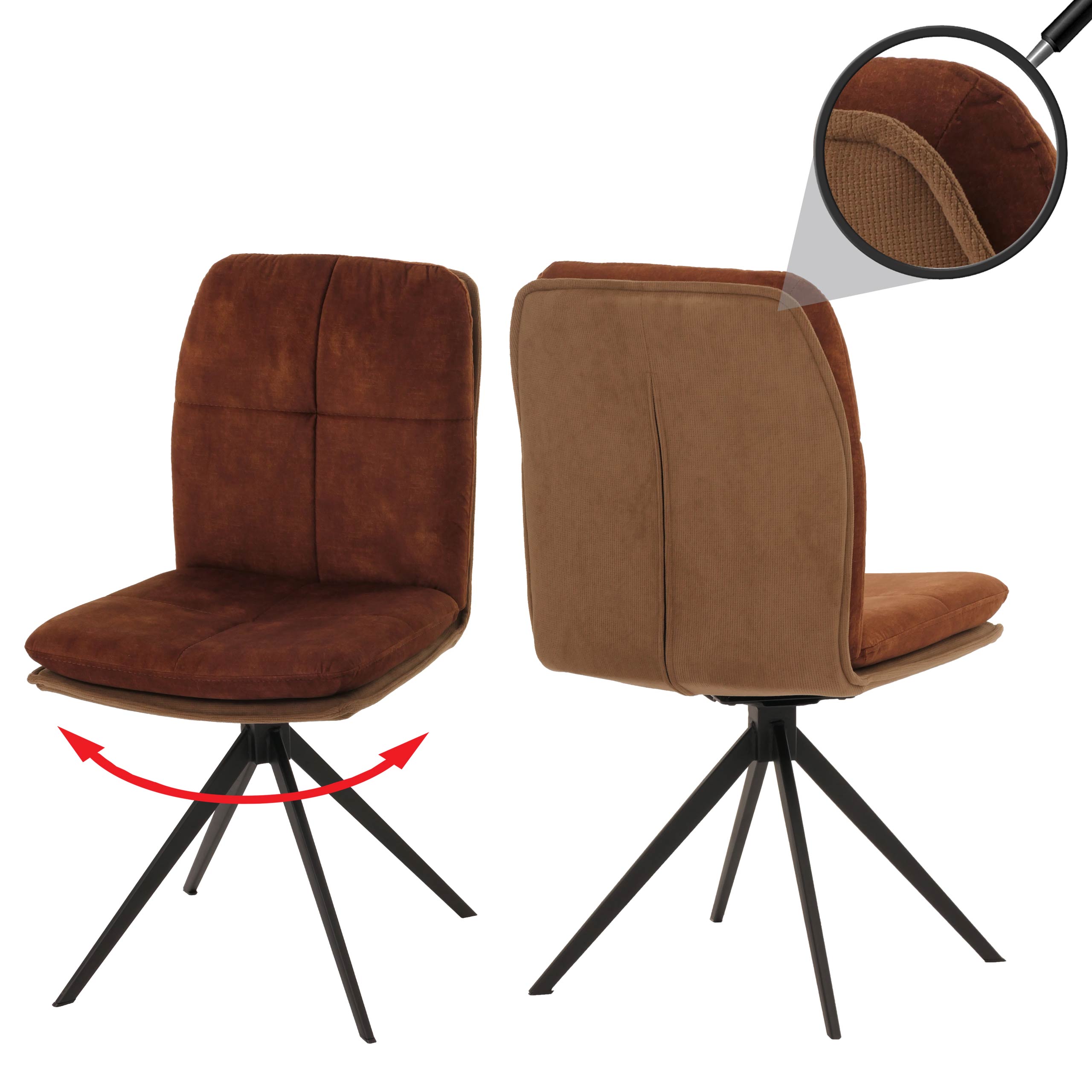 2er-Set Esszimmerstuhl MCW-M68, K&uuml;chenstuhl Lehnstuhl, drehbar Auto-Position, Metall Stoff/Textil ~ braun 