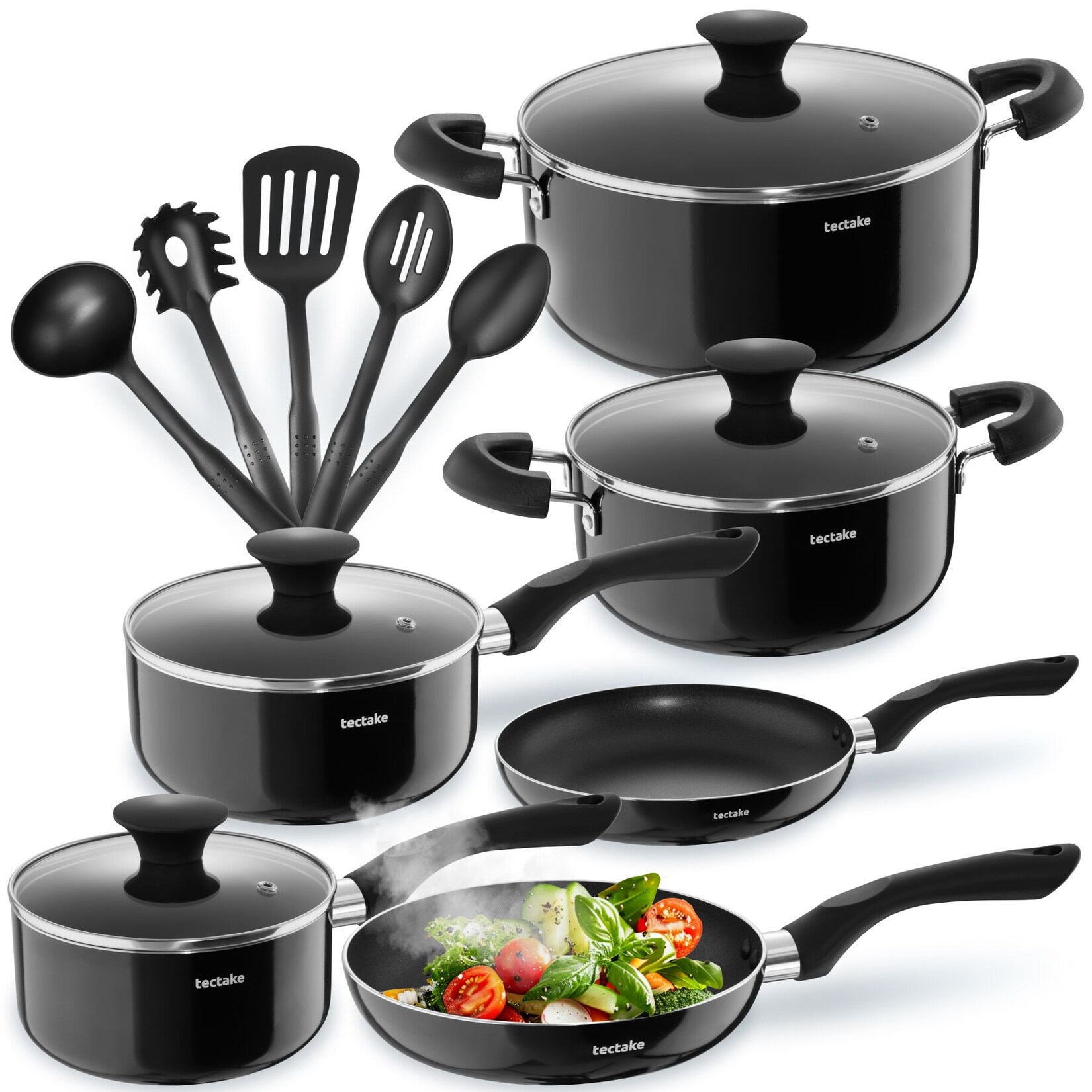 tectake® Kochtopfset, 15-teilig, Glasdeckel mit Dampfabzug, 5 Küchenwerkzeuge