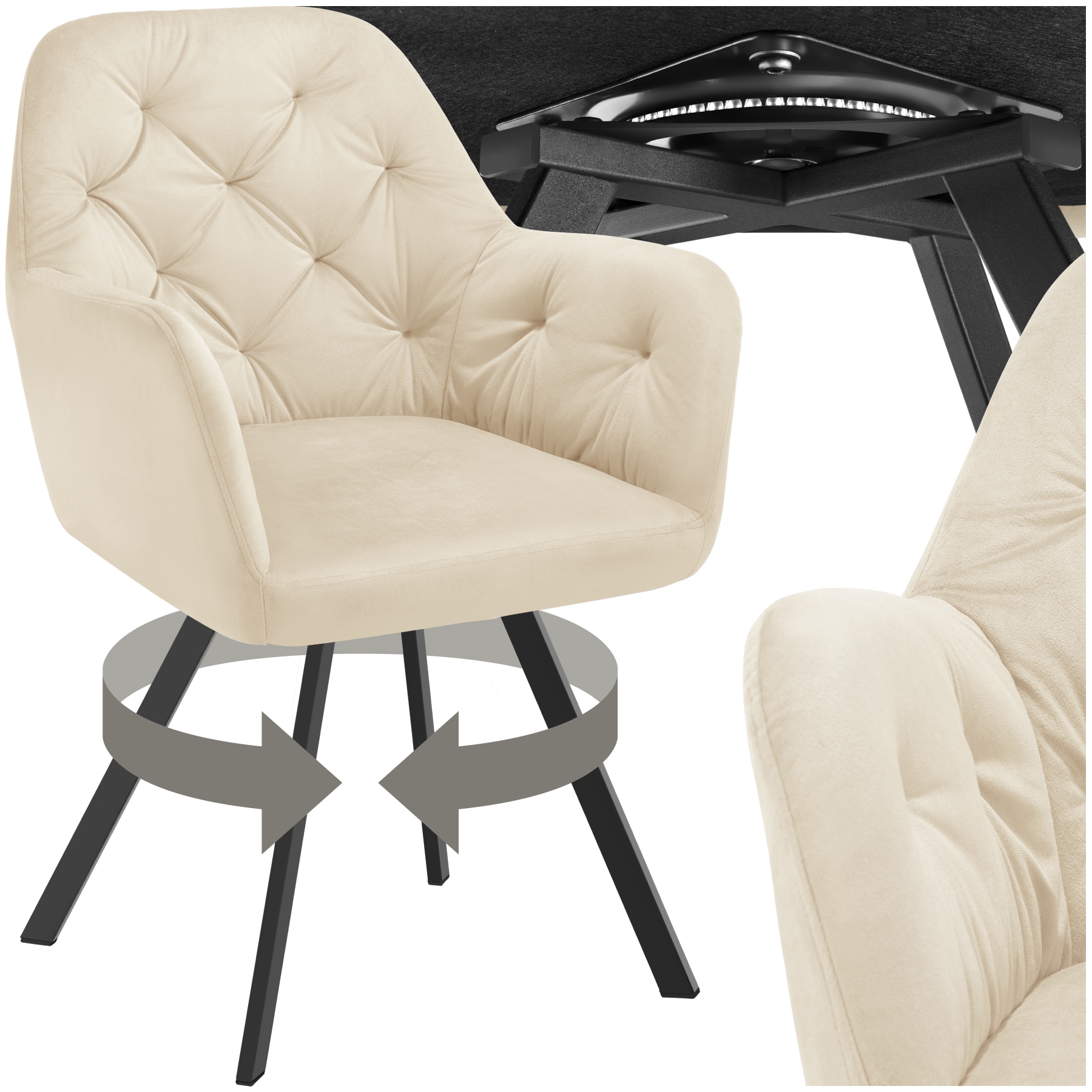 tectake&reg; Drehbarer Samt-Armlehnstuhl, gepolstert, mit Steppmuster, 180&deg; drehbar, schlanke Stahlbeine, 58 x 58 x 87 cm 