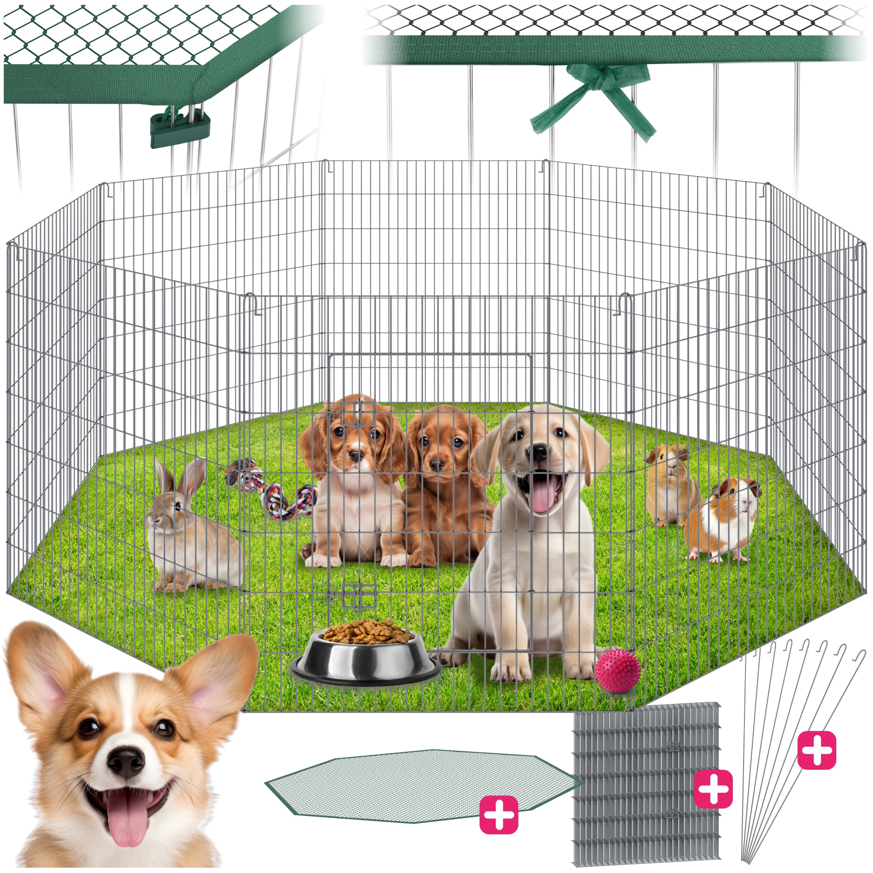 tectake&reg; Freilaufgehege , aus 8 Gitterelementen, gro&szlig;e T&uuml;r mit Doppelverriegelung, &Oslash; 204 x 93 cm 