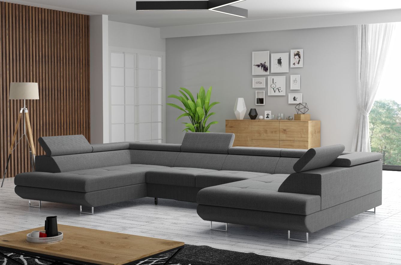 M-Punkt Wohnlandschaft in U &ndash; Form, Schlaf- und Ecksofa - mit Bettfunktion, Bettkasten und Kopfteilverstellung - Grau 