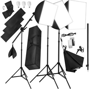 tectake® Fotostudio-Set, mit Softboxen, ausziehbaren Stativen und ausziehbarem Galgenstativ, 6500K Dauerlicht, geringes Gewicht, inklusive Tragetasche 