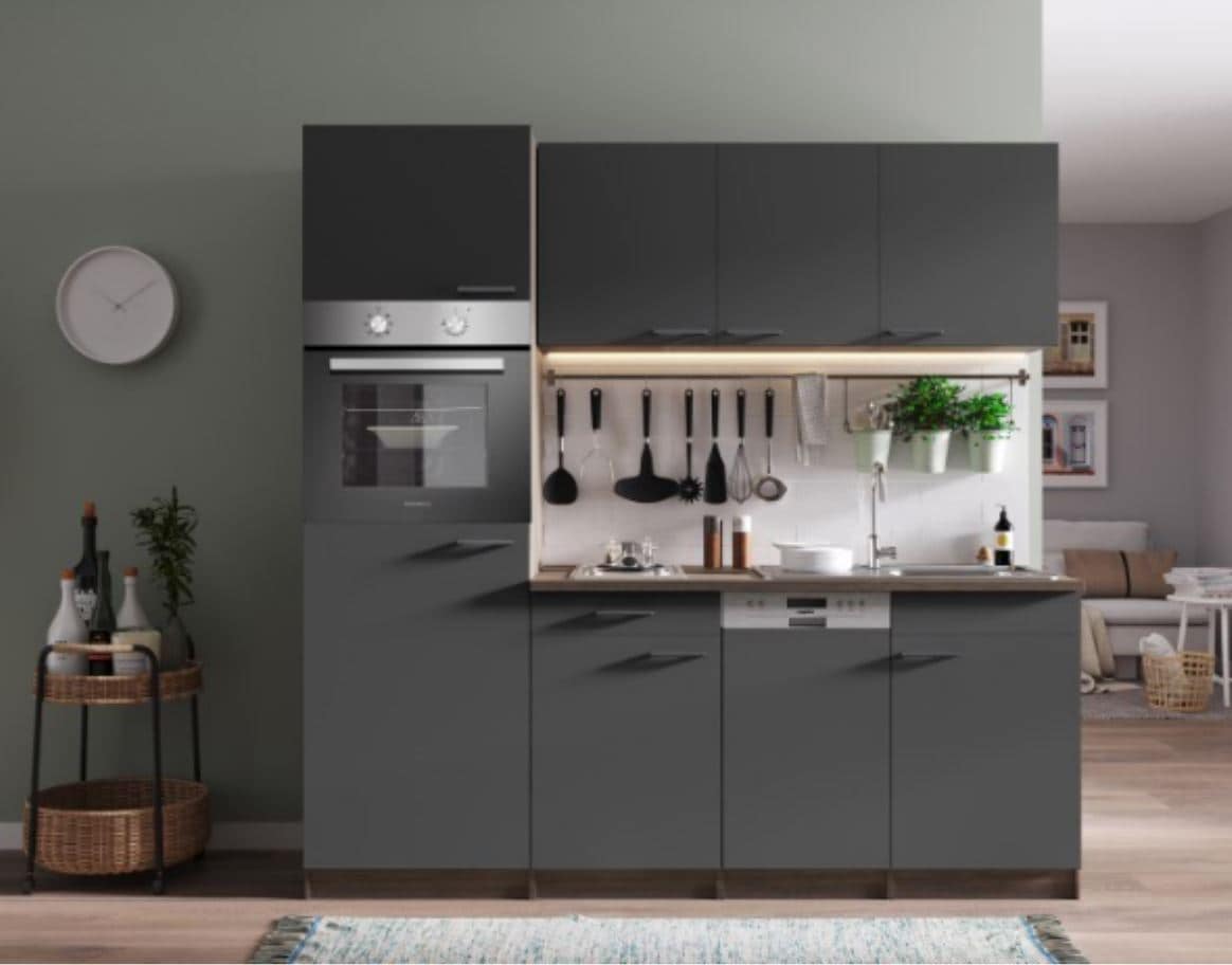 Respekta K&uuml;chenzeile KB205EYG 205 cm Grau-Eiche York Nachbildung 