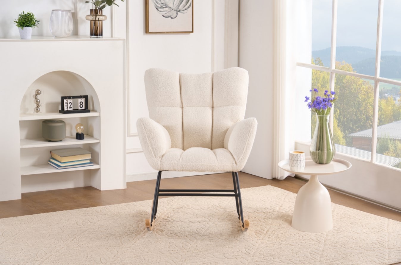 HOME DELUXE Schaukelstuhl inkl. Hocker NARA Boucle Wei&szlig; 