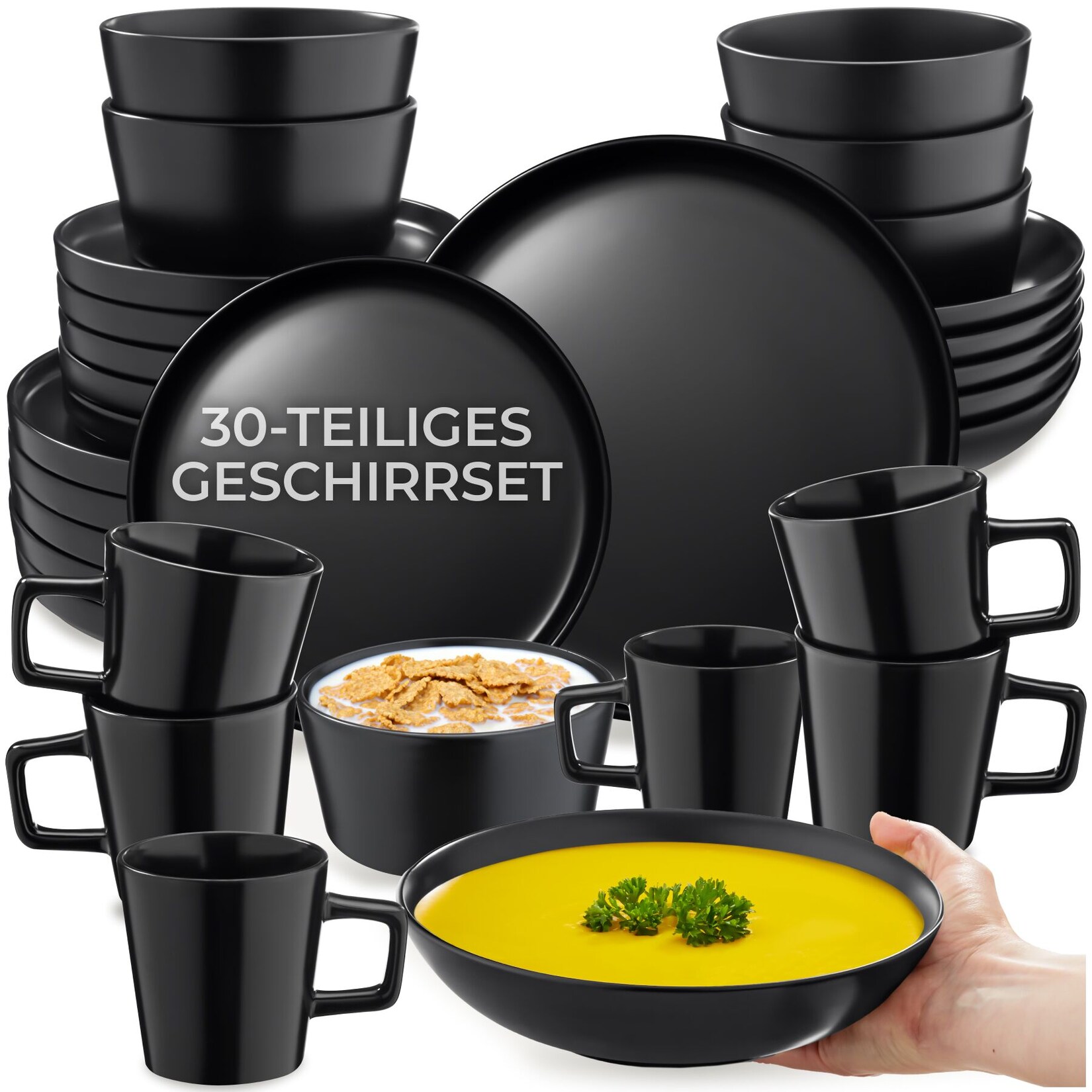 tectake® Kombiservice, für 6 Personen, aus Steingut, mit Glasur, ineinander stapelbar