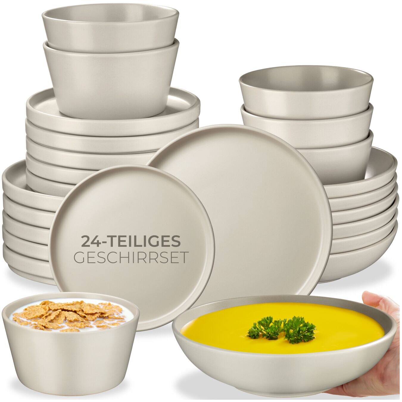 tectake® Tafelservice, für 6 Personen, aus Steingut, mit Glasur, ineinander stapelbar
