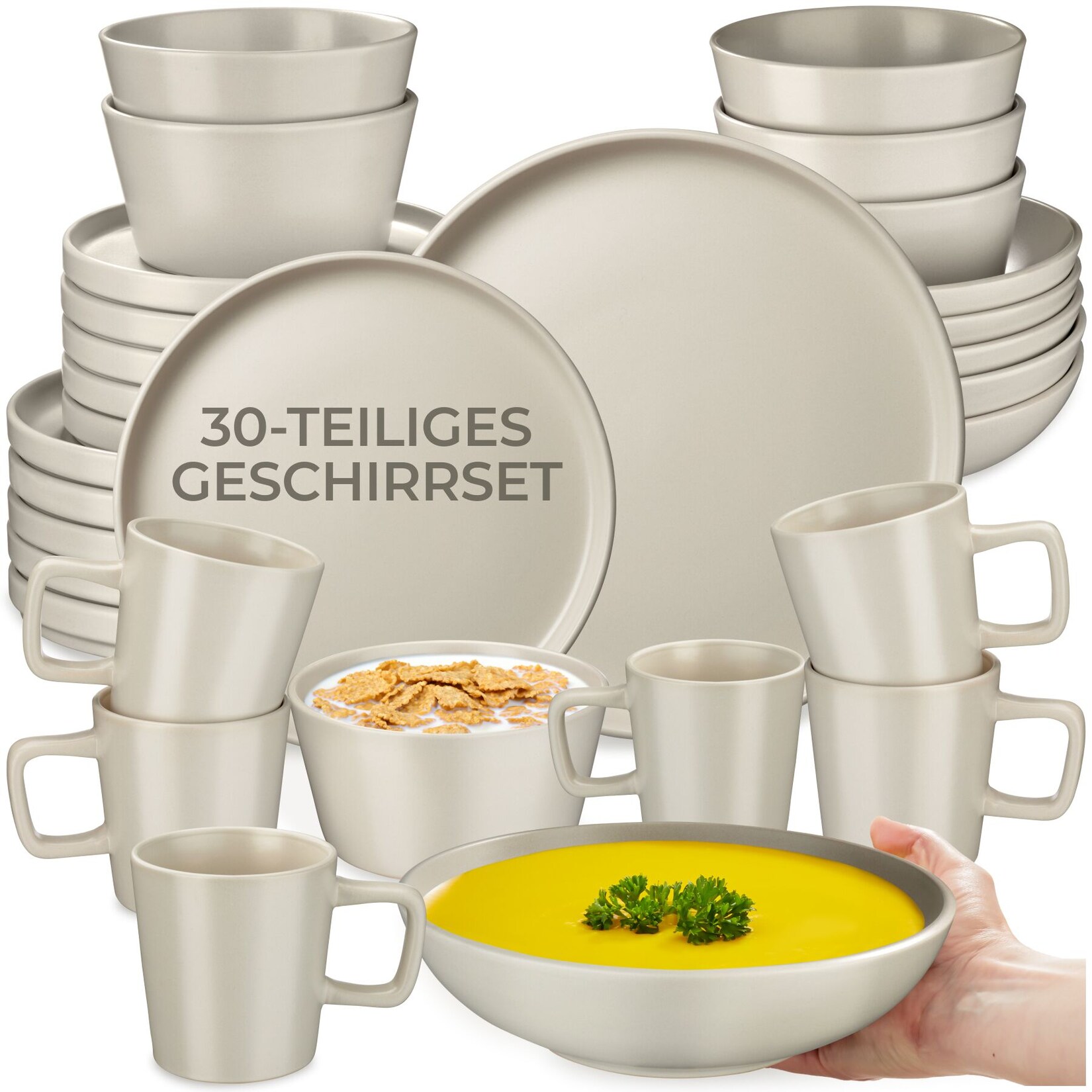 tectake® Kombiservice, für 6 Personen, aus Steingut, mit Glasur, ineinander stapelbar