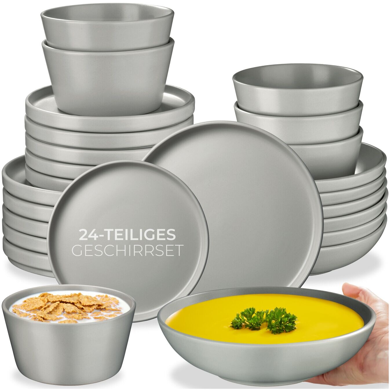 tectake® Tafelservice, für 6 Personen, aus Steingut, mit Glasur, ineinander stapelbar